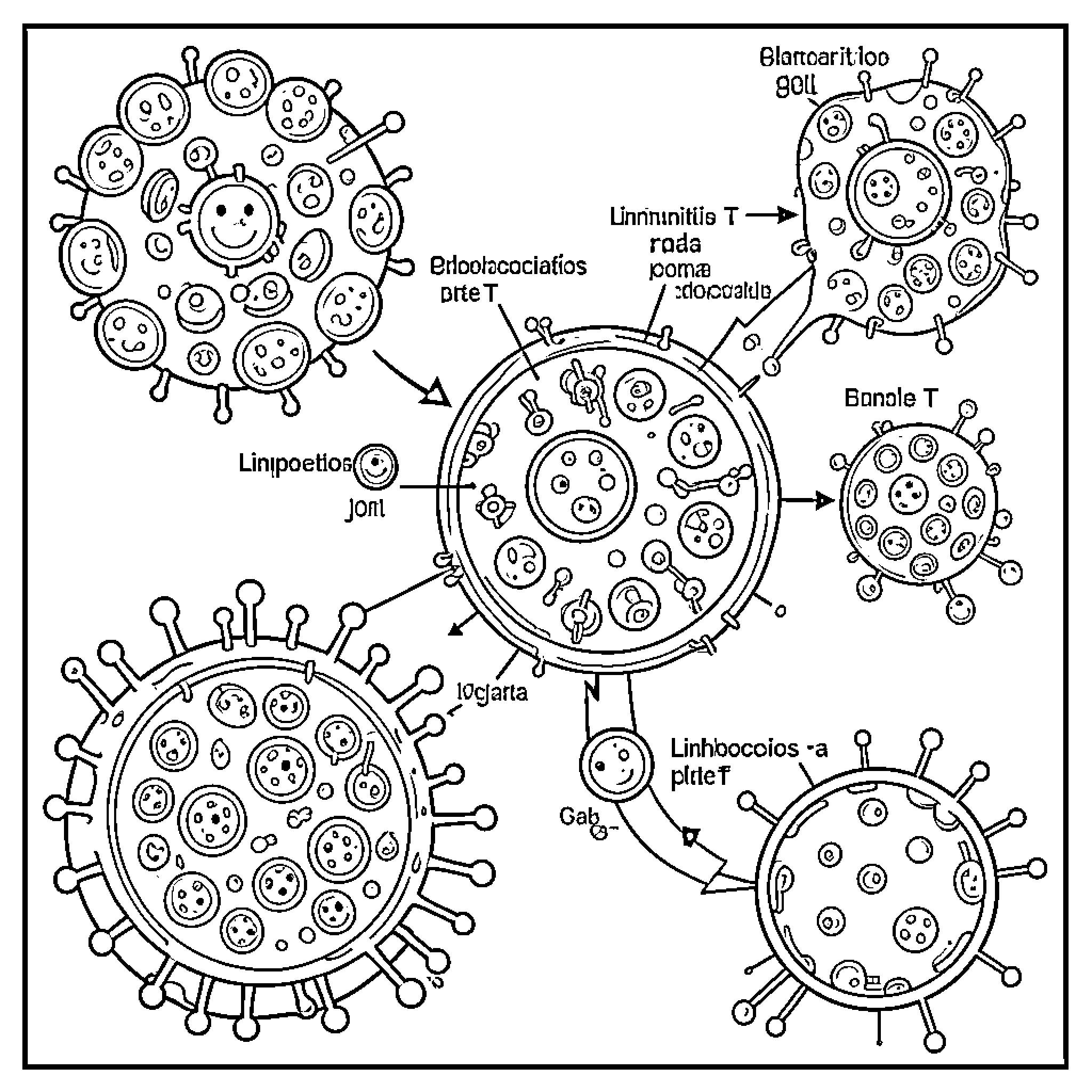 Inmunidad: Intricate Viral Structures Coloring Page (free black-and-white line drawing printable PDF for all, from beginners to advanced learners, including children, teens, adults, and seniors)
