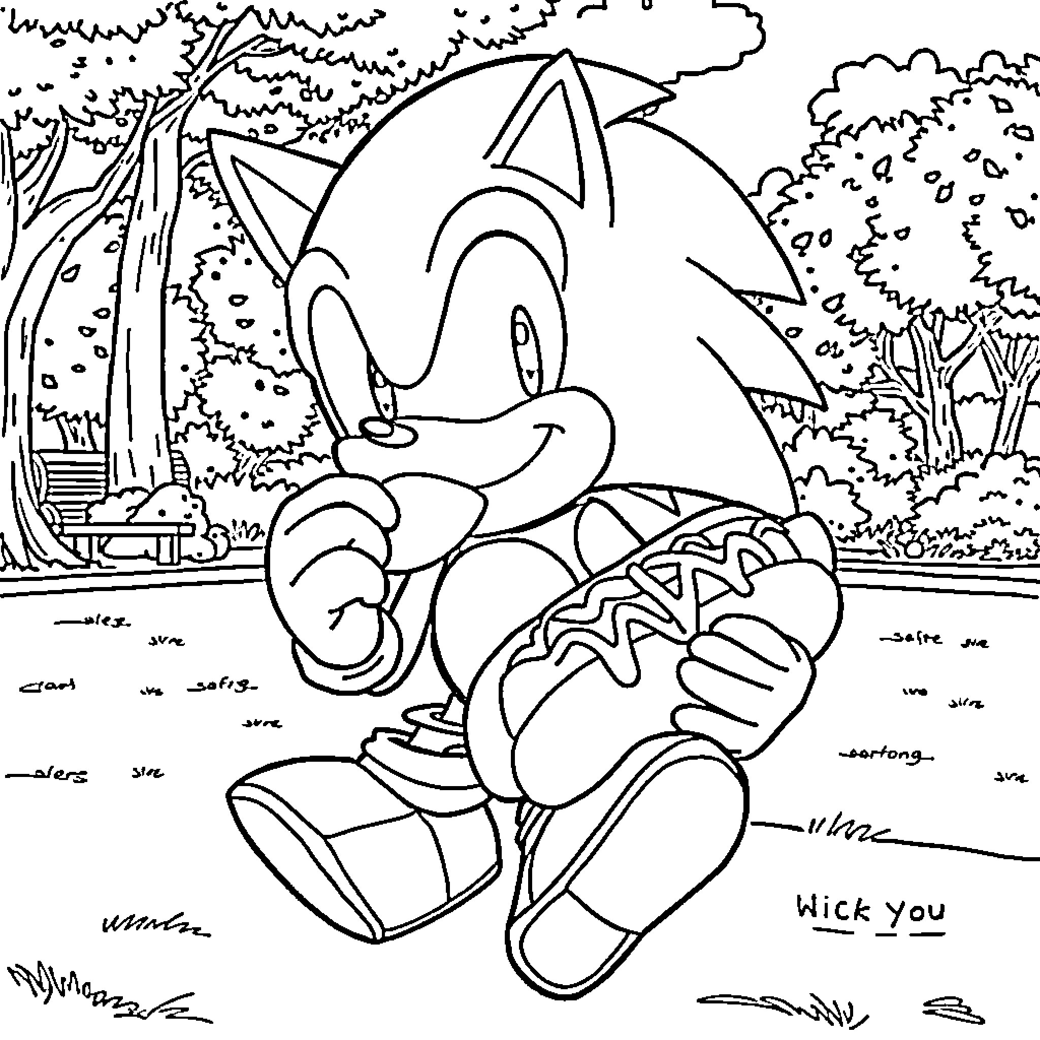 Sonic in a whimsical outdoor scene Coloring Page (free black-and-white line drawing printable PDF for all, from beginners to advanced learners, including children, teens, adults, and seniors)