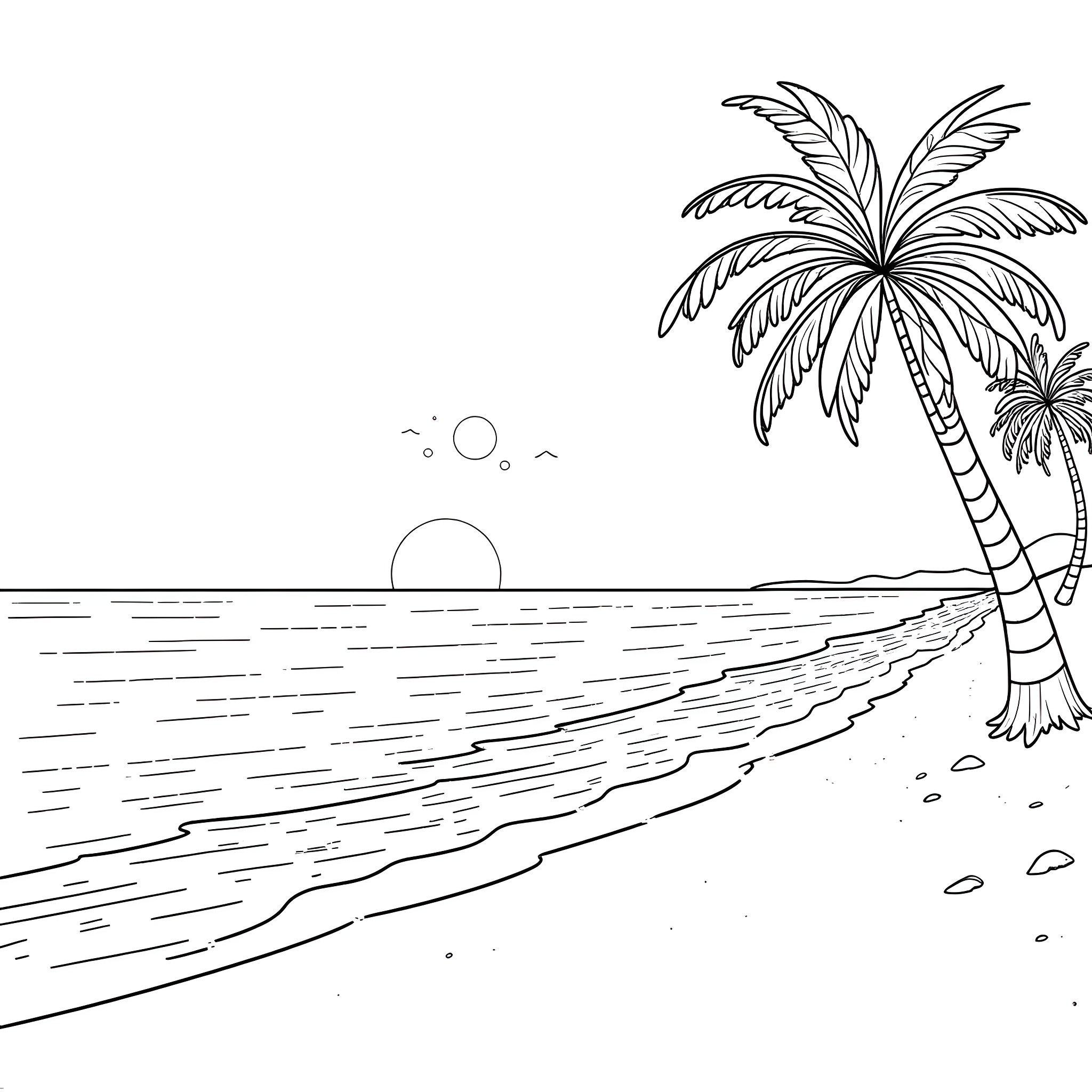 Sunset on a tropical beach Coloring Page (free black-and-white line drawing printable PDF for all, from beginners to advanced learners, including children, teens, adults, and seniors)