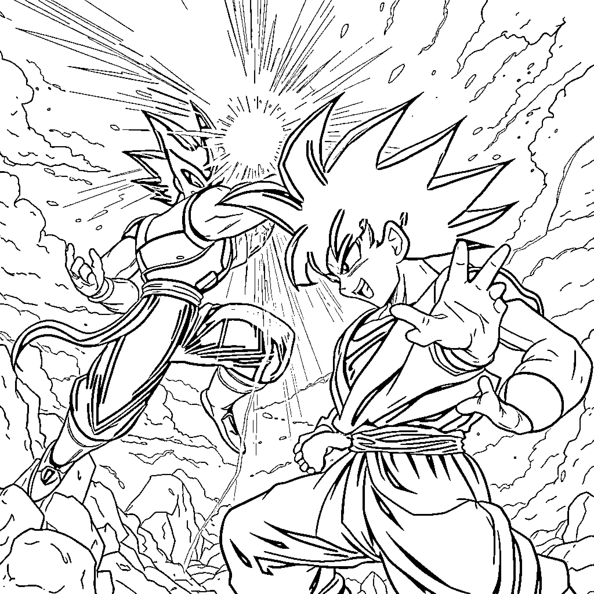 Goku Black in an intense battle Coloring Page (free black-and-white line drawing printable PDF for all, from beginners to advanced learners, including children, teens, adults, and seniors)