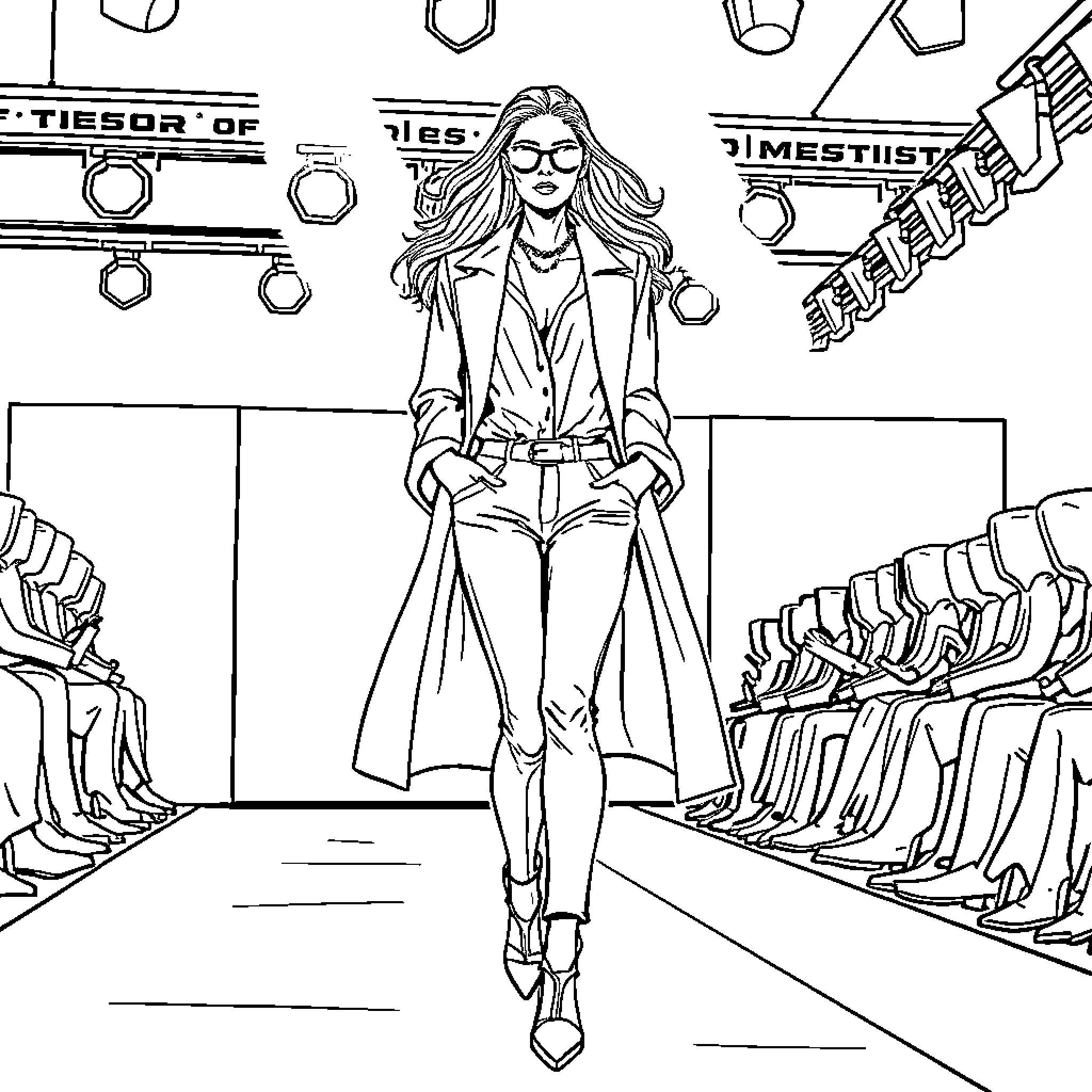 Model Confident Stance on Runway Coloring Page (free black-and-white line drawing printable PDF for all, from beginners to advanced learners, including children, teens, adults, and seniors)