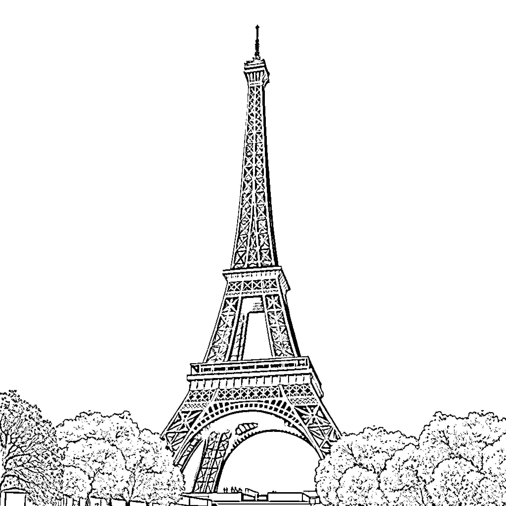 Eiffel Tower in iconic Paris landscape Coloring Page (free black-and-white line drawing printable PDF for all, from beginners to advanced learners, including children, teens, adults, and seniors)