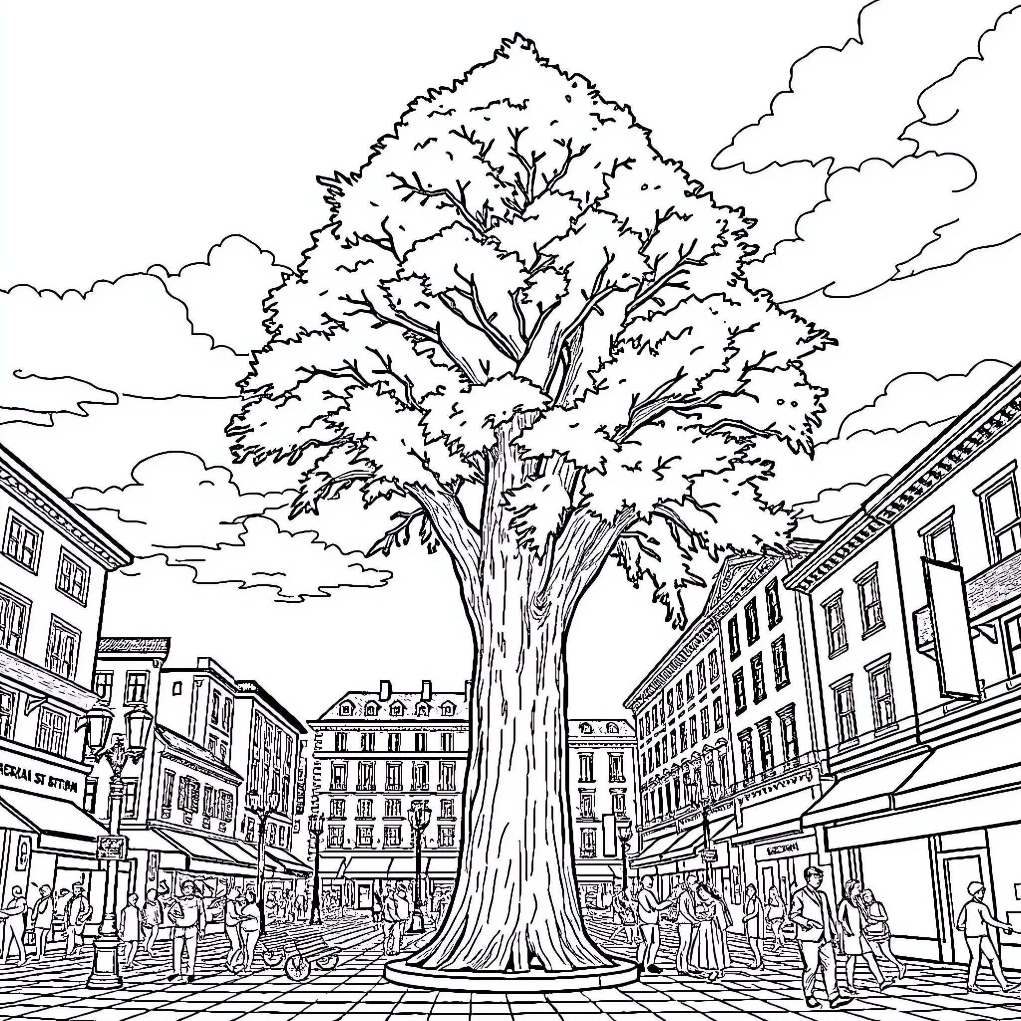 Tree in the bustling city square Coloring Page (free black-and-white line drawing printable PDF for all, from beginners to advanced learners, including children, teens, adults, and seniors)
