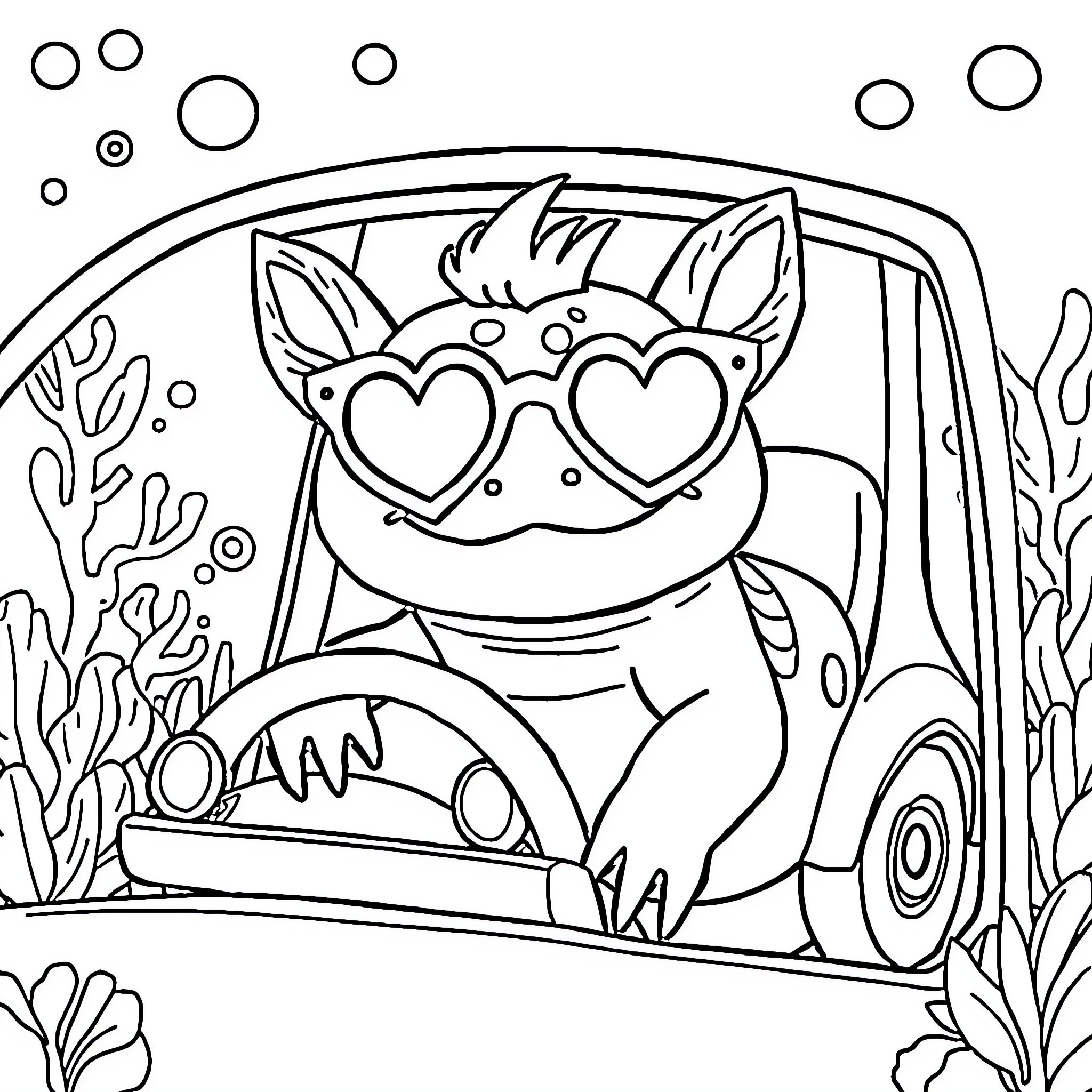 Axolotl driving a car with heart-shaped sunglasses Coloring Page (free black-and-white line drawing printable PDF for all, from beginners to advanced learners, including children, teens, adults, and seniors)