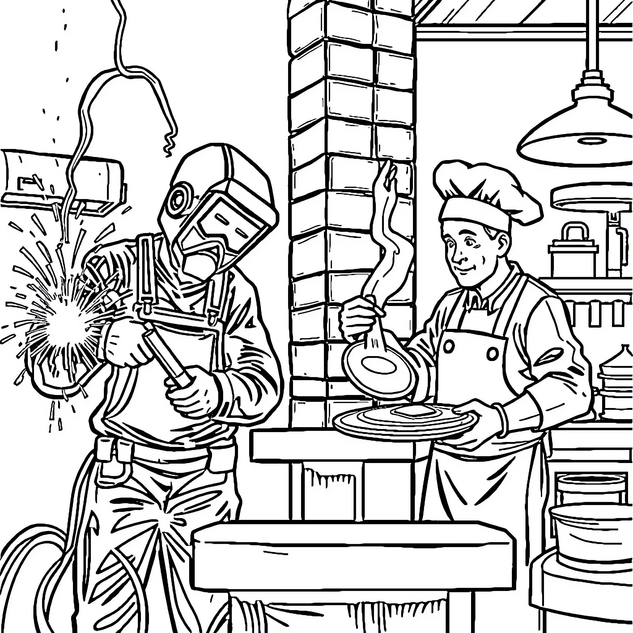 Welder and chef at work in industrial kitchen Coloring Page (free black-and-white line drawing printable PDF for all, from beginners to advanced learners, including children, teens, adults, and seniors)