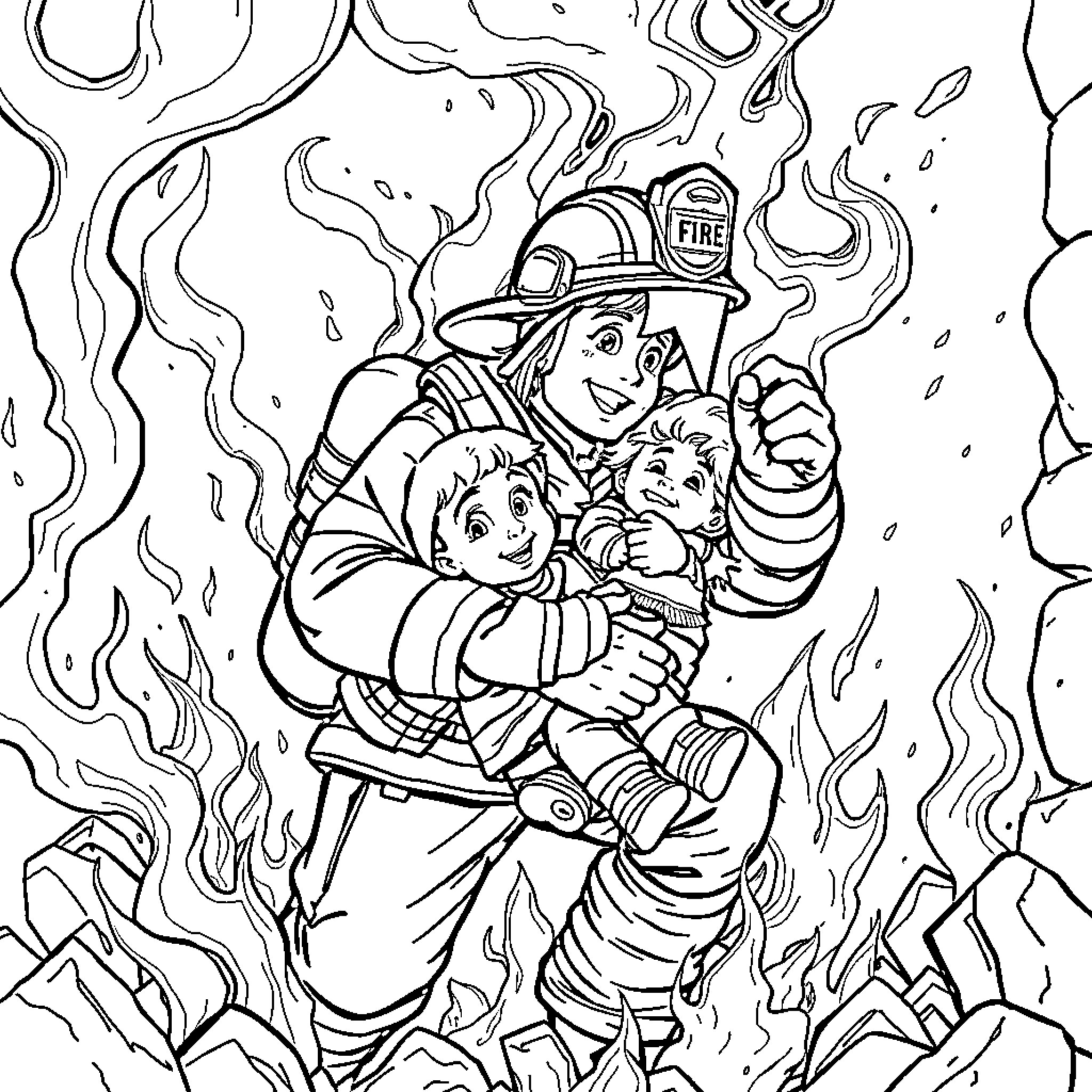 Firefighter Rescuing Trapped Civilians in Hazardous Situation Coloring Page (free black-and-white line drawing printable PDF for all, from beginners to advanced learners, including children, teens, adults, and seniors)