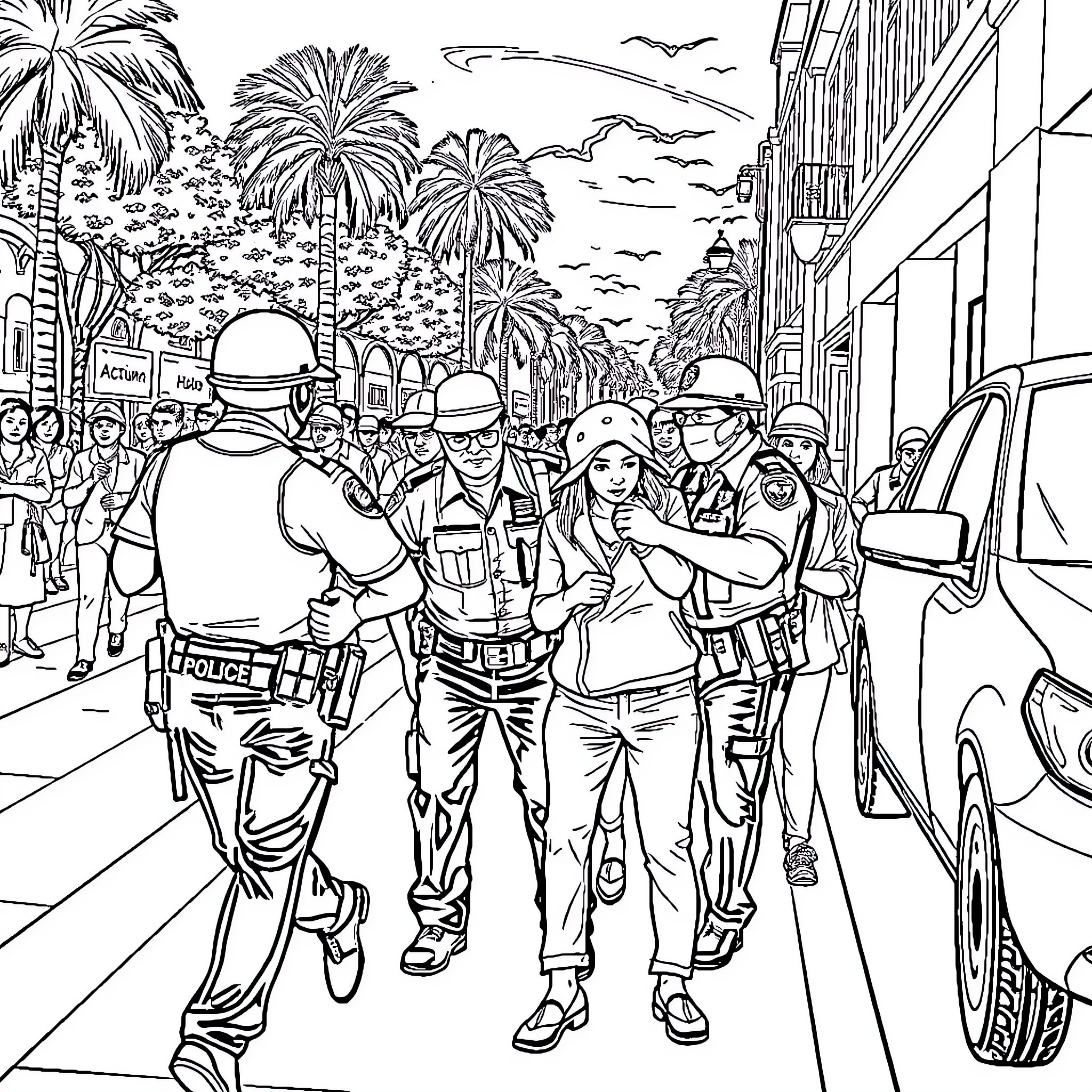Police Officers Patrolling Busy City Street Coloring Page (free black-and-white line drawing printable PDF for all, from beginners to advanced learners, including children, teens, adults, and seniors)