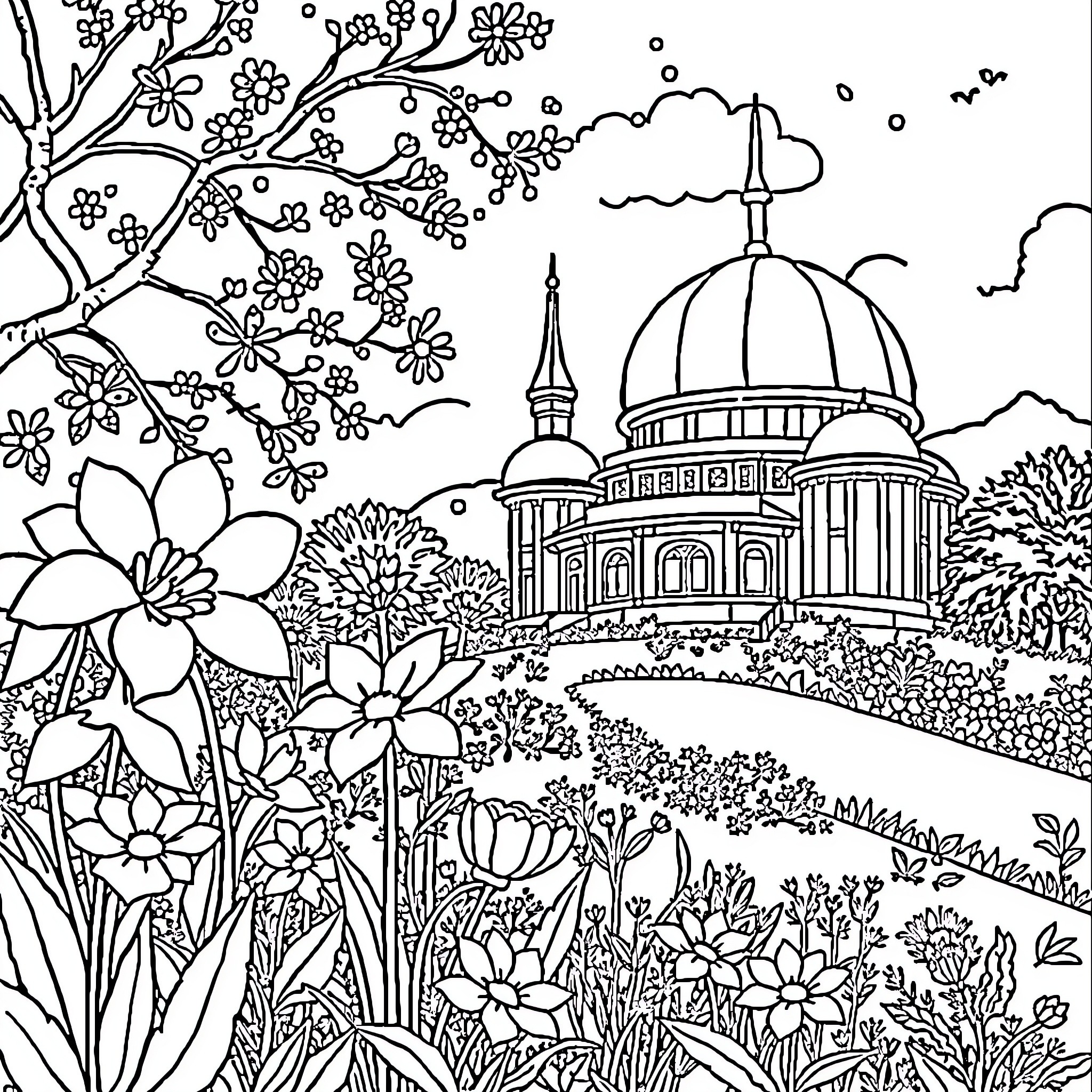 Detailed landscape with domed building and flowering plants Coloring Page (free black-and-white line drawing printable PDF for all, from beginners to advanced learners, including children, teens, adults, and seniors)