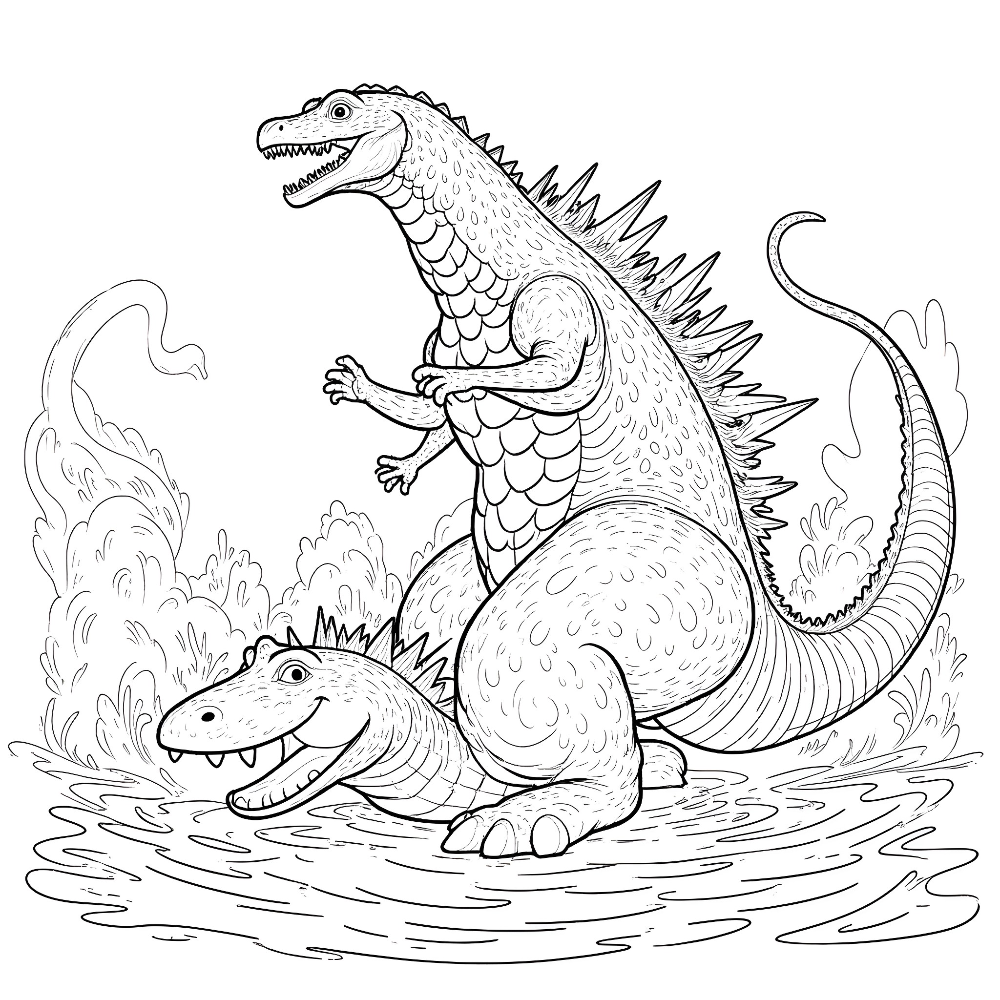 Godzilla battling fierce dinosaurs in the wild Coloring Page (free black-and-white line drawing printable PDF for all, from beginners to advanced learners, including children, teens, adults, and seniors)
