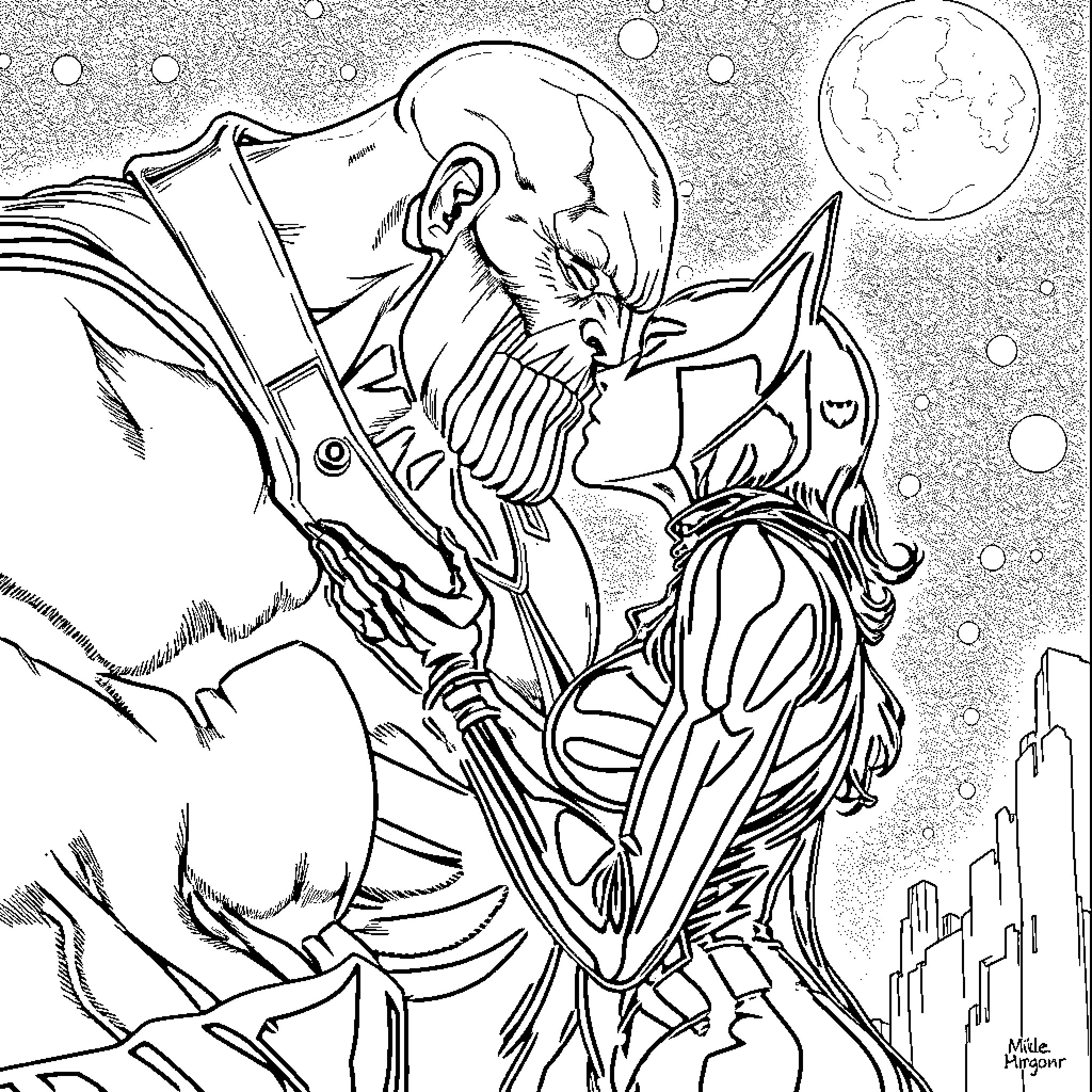 Thanos Wielding the Infinity Gauntlet in Cosmic Landscape Coloring Page (free black-and-white line drawing printable PDF for all, from beginners to advanced learners, including children, teens, adults, and seniors)