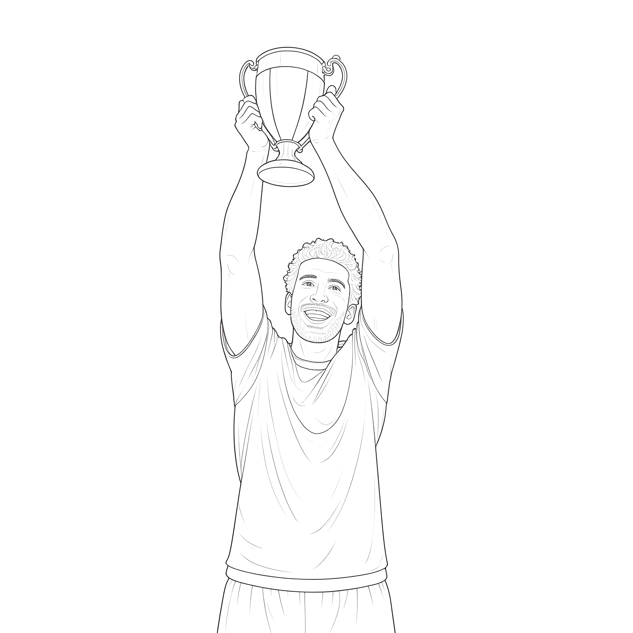 Mo Salah Celebrating Victory with Trophy Coloring Page (free black-and-white line drawing printable PDF for all, from beginners to advanced learners, including children, teens, adults, and seniors)