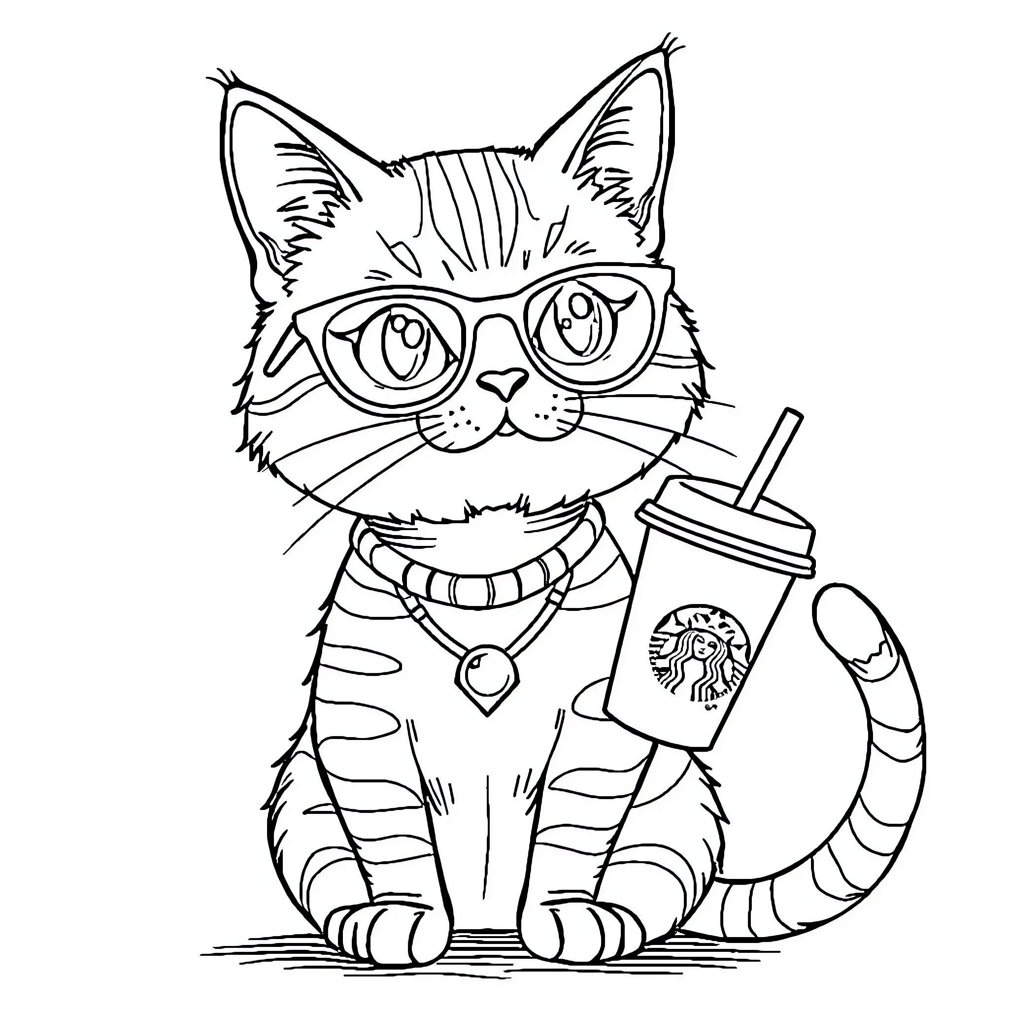 Cat with Glasses Enjoying a Beverage Coloring Page (free black-and-white line drawing printable PDF for all, from beginners to advanced learners, including children, teens, adults, and seniors)