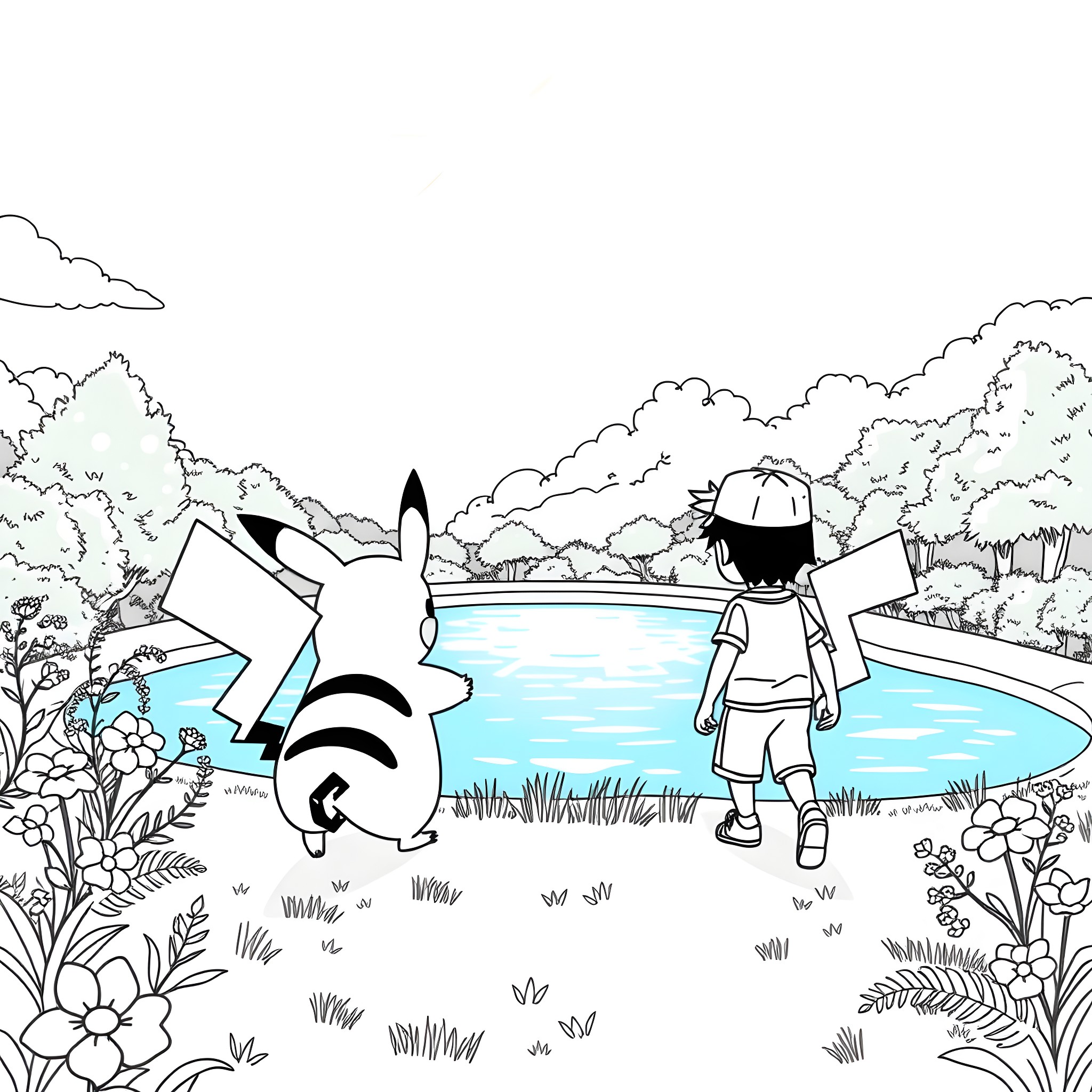 Pikachu playing joyfully with a young trainer by a pond Coloring Page (free black-and-white line drawing printable PDF for all, from beginners to advanced learners, including children, teens, adults, and seniors)