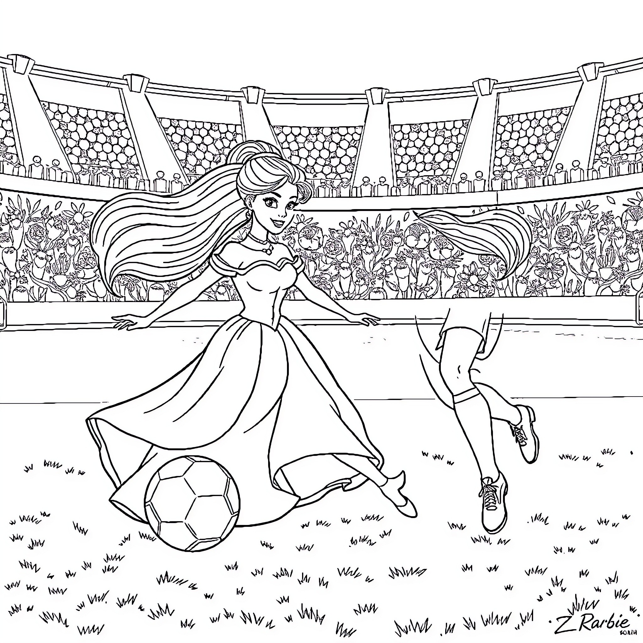 Barbie playing soccer in a stadium Coloring Page (free black-and-white line drawing printable PDF for all, from beginners to advanced learners, including children, teens, adults, and seniors)