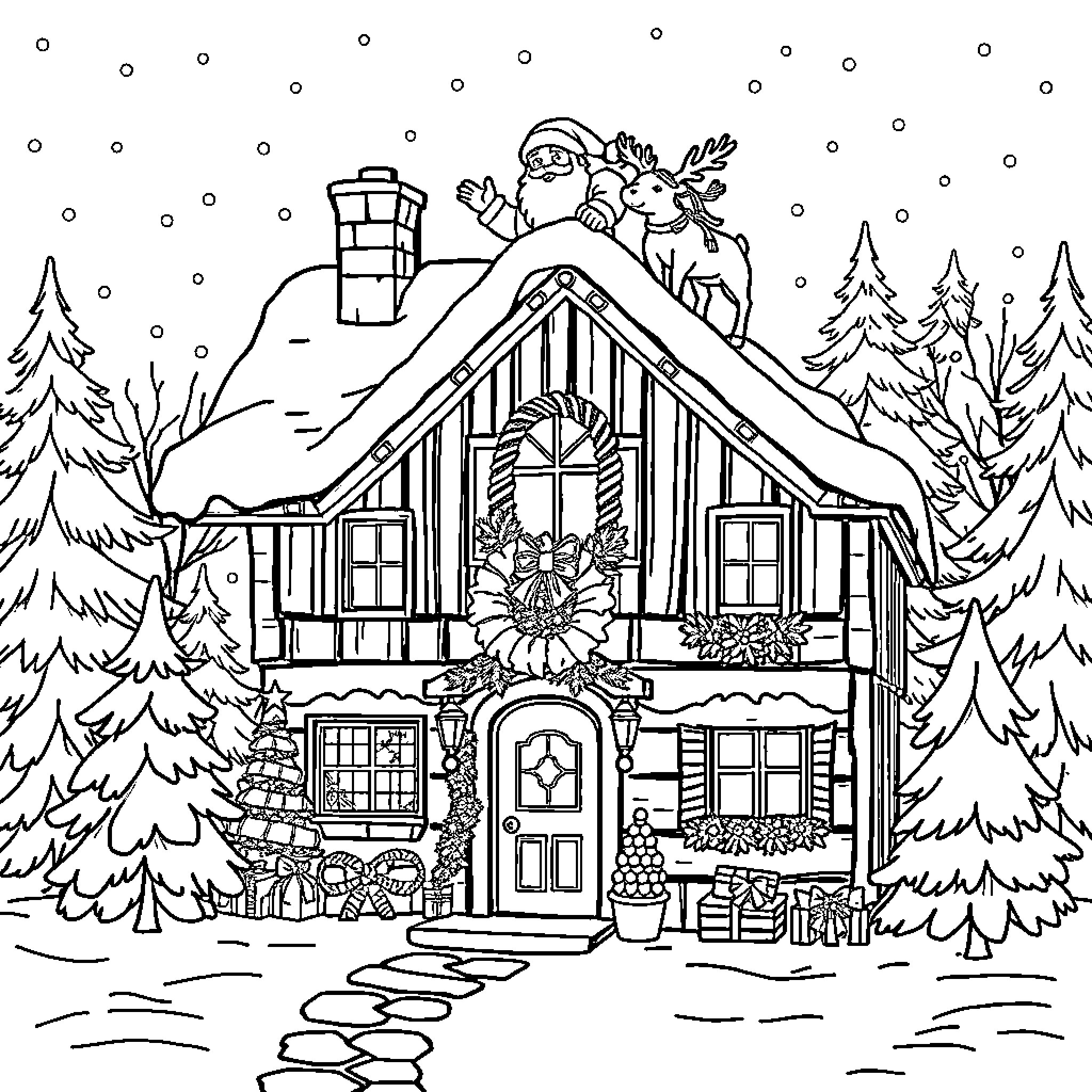 House with Santa and Reindeer in Winter Landscape Coloring Page (free black-and-white line drawing printable PDF for all, from beginners to advanced learners, including children, teens, adults, and seniors)