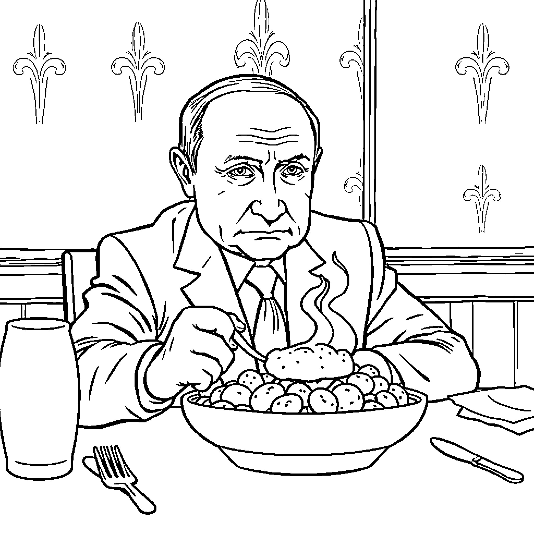 Putin enjoying a hearty meal Coloring Page (free black-and-white line drawing printable PDF for all, from beginners to advanced learners, including children, teens, adults, and seniors)