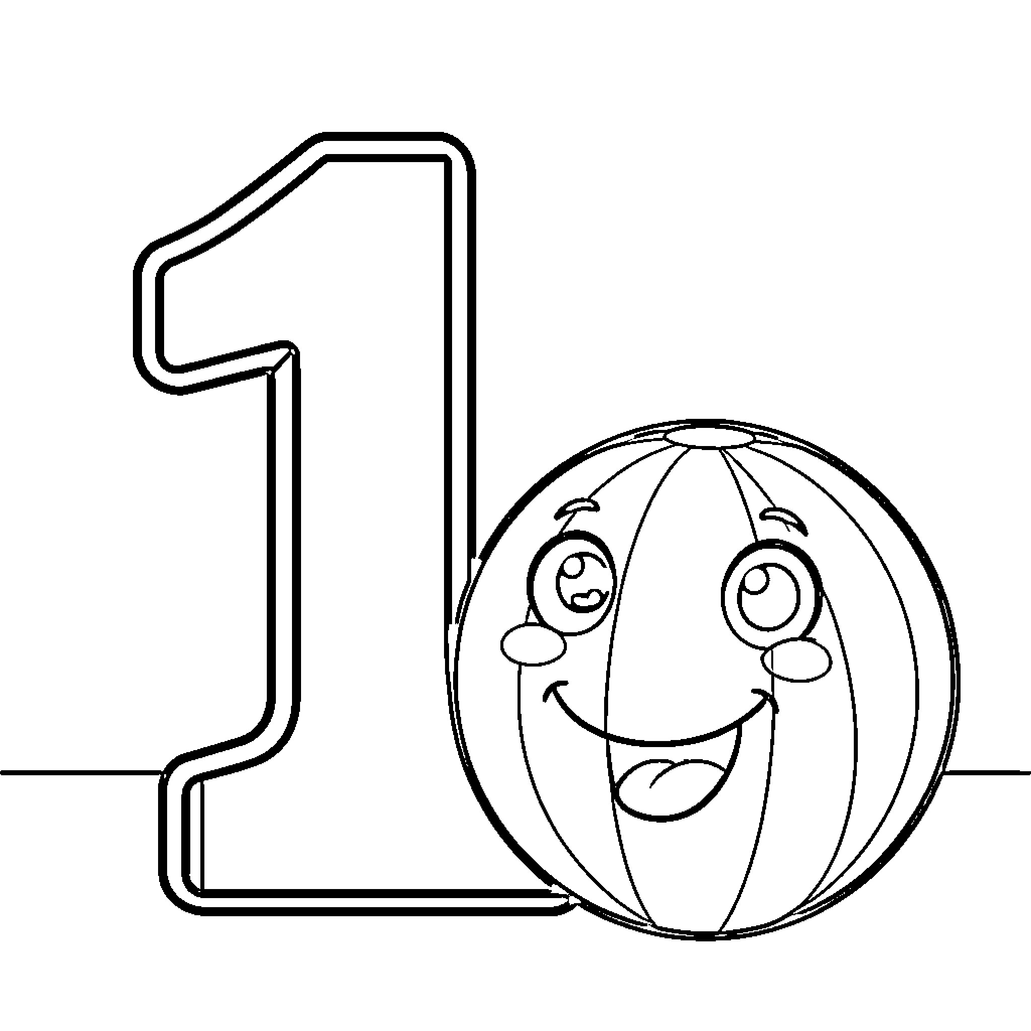 Ball with happy expression next to large number 1 Coloring Page (free black-and-white line drawing printable PDF for all, from beginners to advanced learners, including children, teens, adults, and seniors)