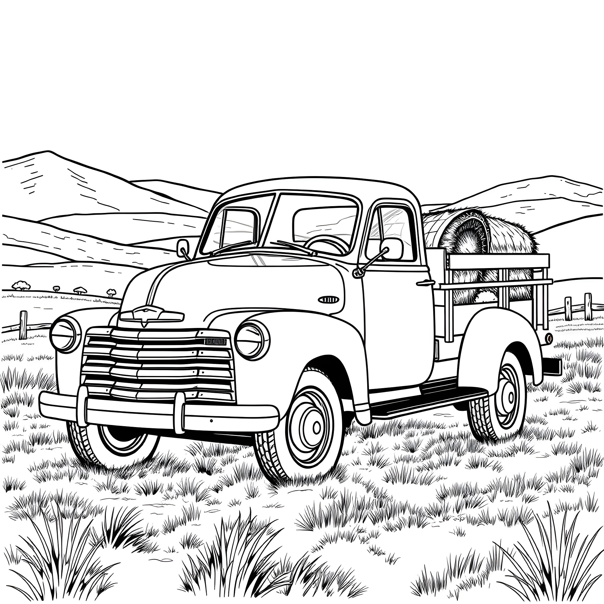 Truck in rural countryside landscape Coloring Page (free black-and-white line drawing printable PDF for all, from beginners to advanced learners, including children, teens, adults, and seniors)