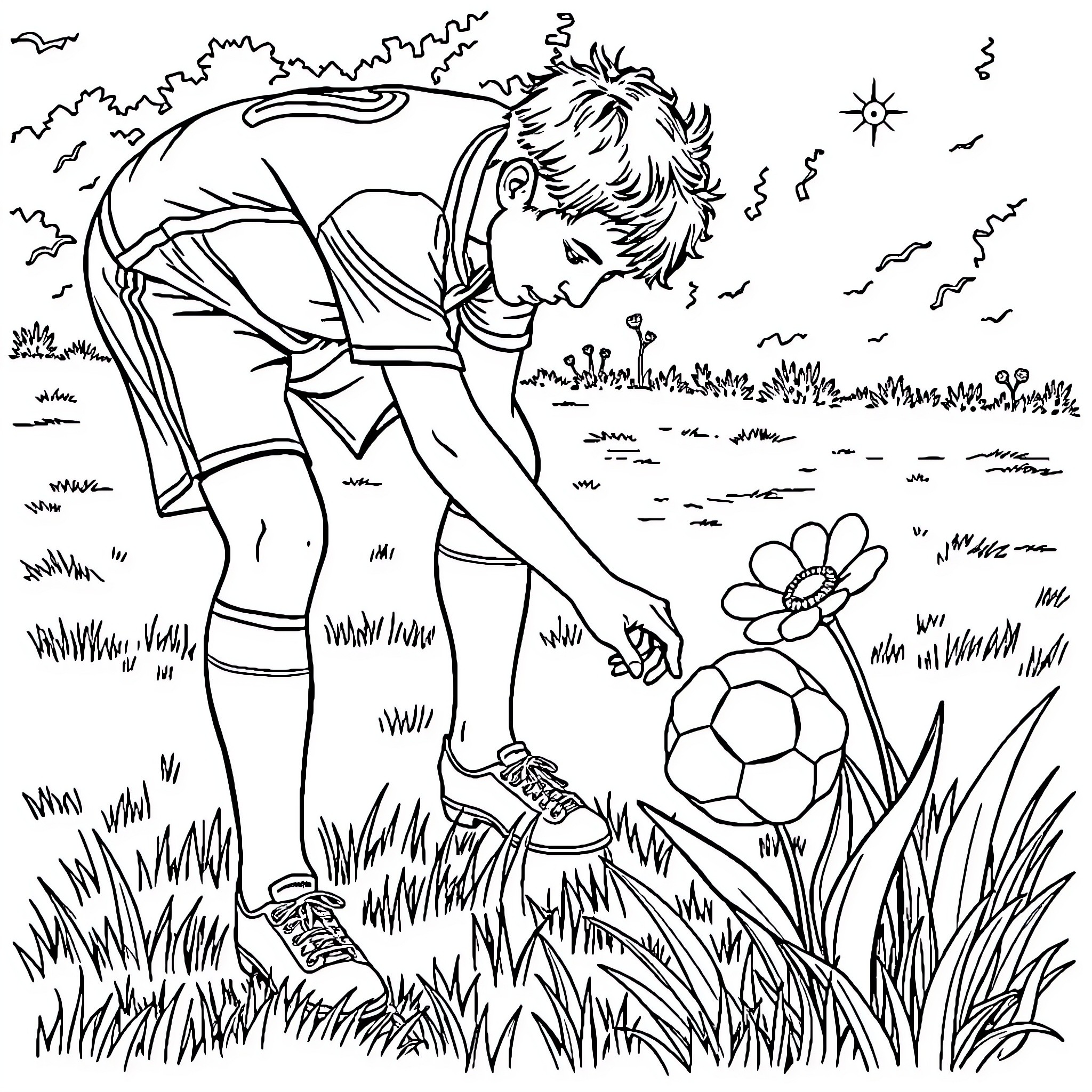 Soccer Player Enjoying the Outdoors Coloring Page (free black-and-white line drawing printable PDF for all, from beginners to advanced learners, including children, teens, adults, and seniors)