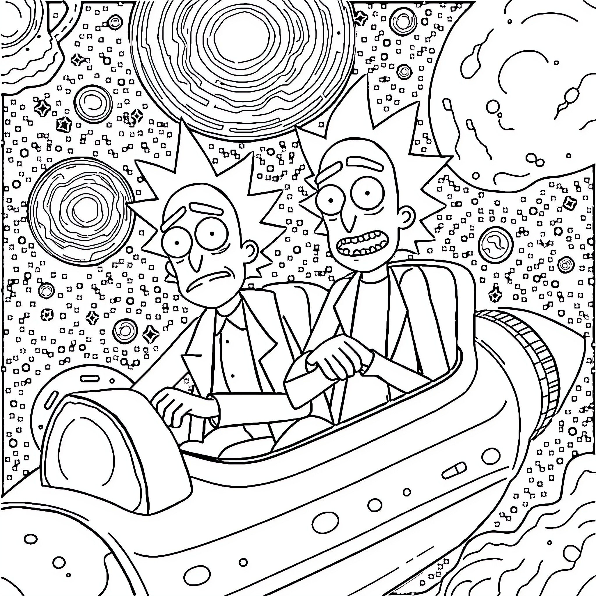 Rick And Morty's Galactic Adventure Coloring Page (free black-and-white line drawing printable PDF for all, from beginners to advanced learners, including children, teens, adults, and seniors)