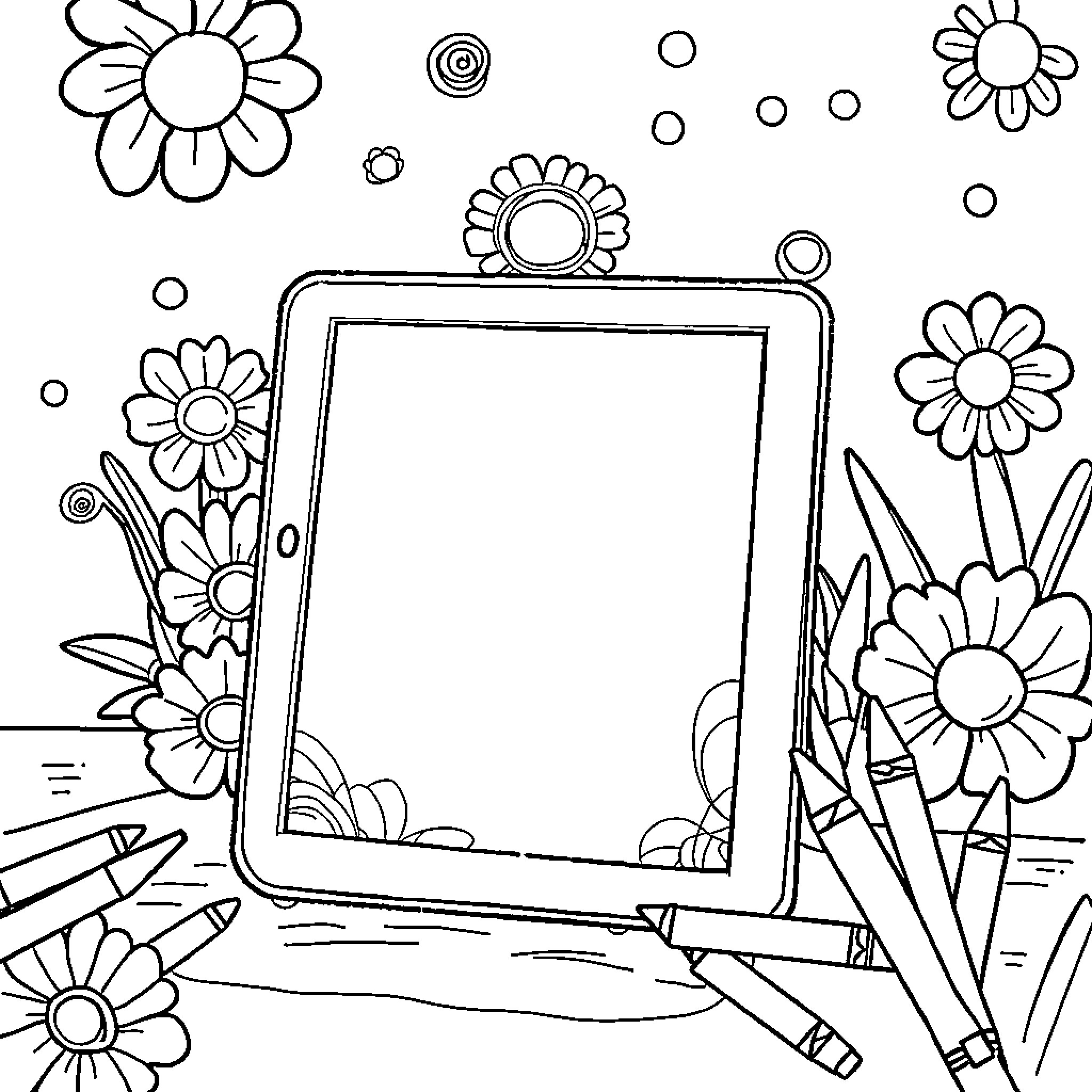 Tablet with drawing of flowers and stationery Coloring Page (free black-and-white line drawing printable PDF for all, from beginners to advanced learners, including children, teens, adults, and seniors)