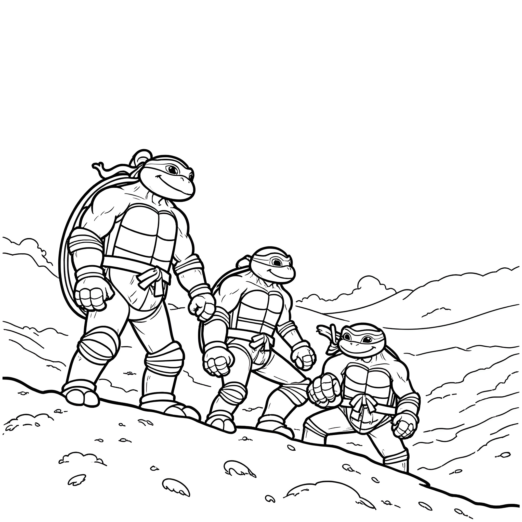Ninja Turtles exploring the wilderness Coloring Page (free black-and-white line drawing printable PDF for all, from beginners to advanced learners, including children, teens, adults, and seniors)