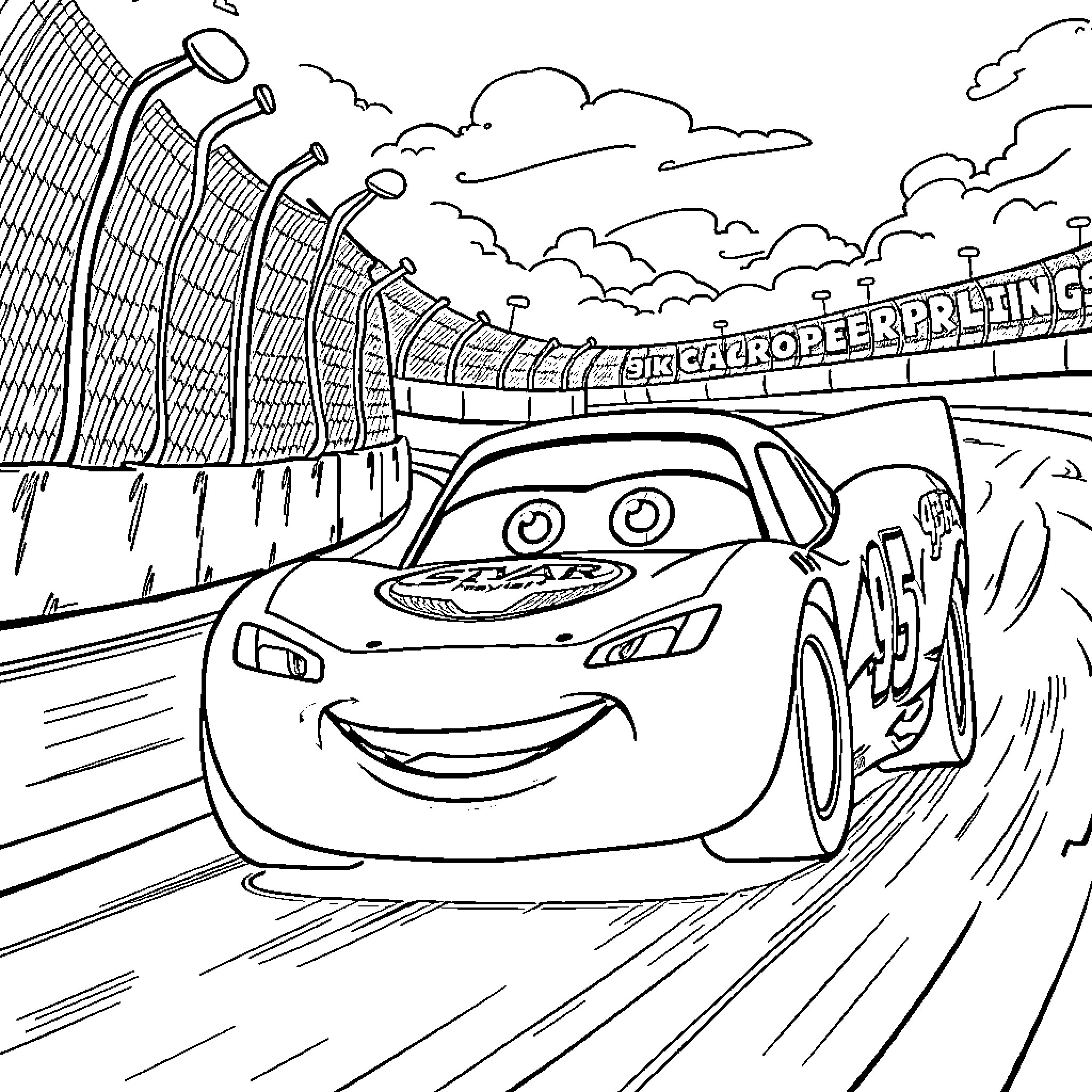 Rayo McQueen racing on the track Coloring Page (free black-and-white line drawing printable PDF for all, from beginners to advanced learners, including children, teens, adults, and seniors)