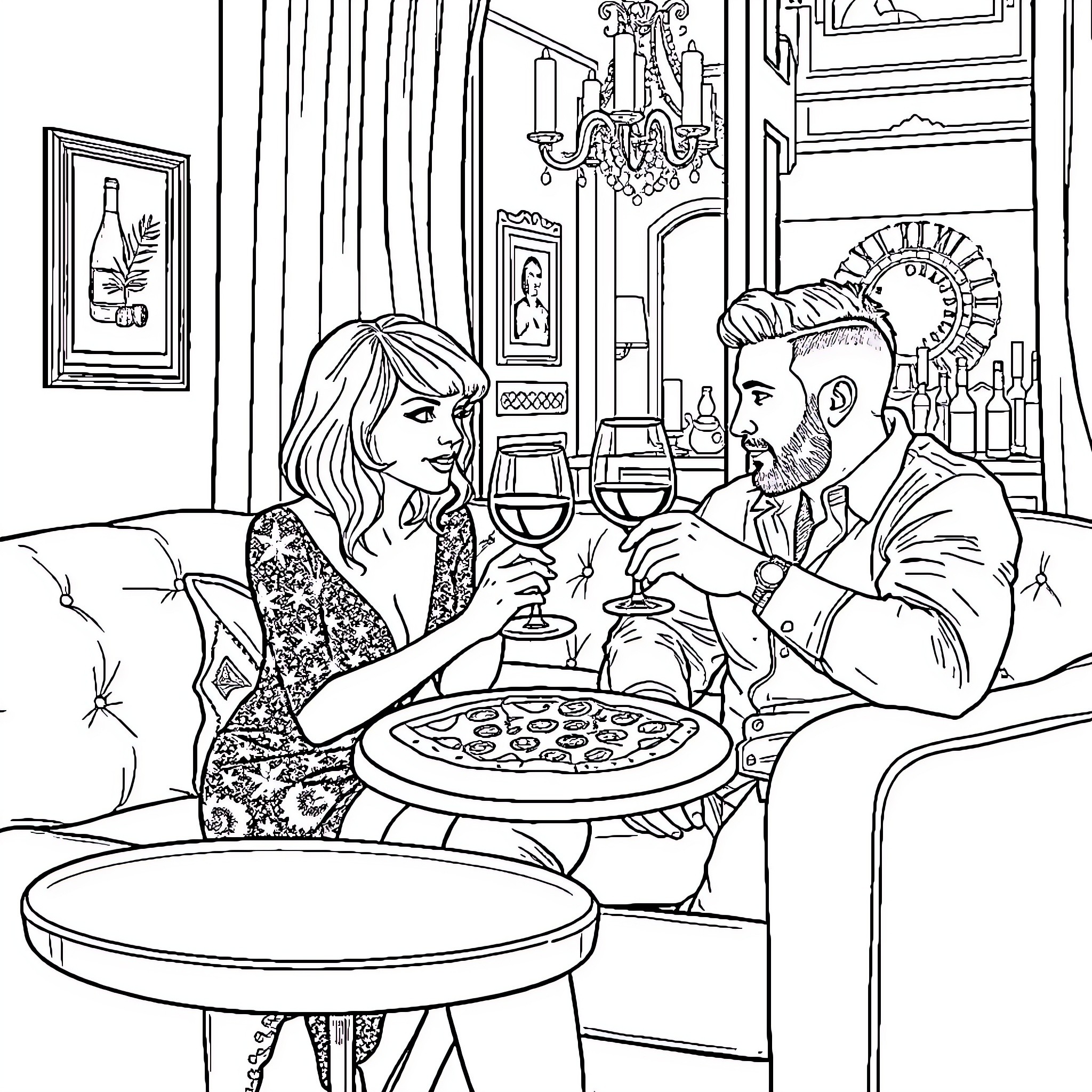 Taylor Swift sharing an intimate dinner with a companion Coloring Page (free black-and-white line drawing printable PDF for all, from beginners to advanced learners, including children, teens, adults, and seniors)