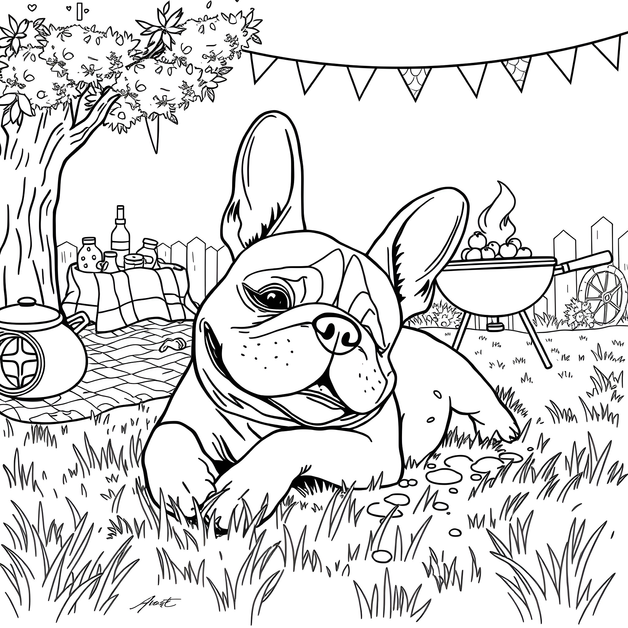 French Bulldog enjoying a backyard barbecue Coloring Page (free black-and-white line drawing printable PDF for all, from beginners to advanced learners, including children, teens, adults, and seniors)