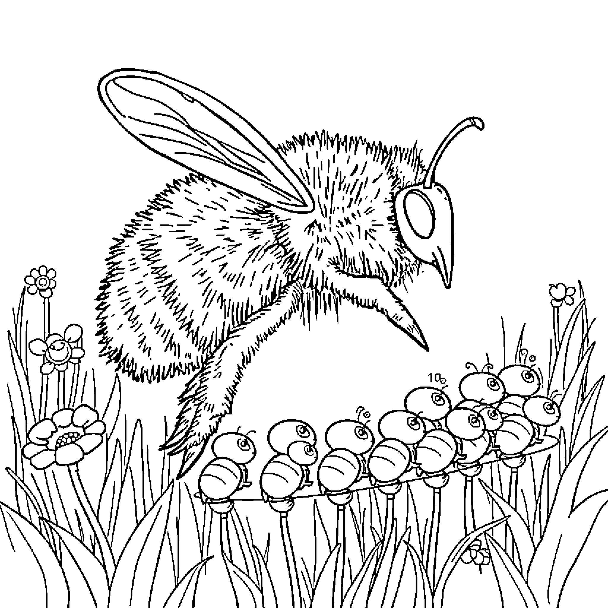 Bee tending to its buzzing swarm in the meadow Coloring Page (free black-and-white line drawing printable PDF for all, from beginners to advanced learners, including children, teens, adults, and seniors)