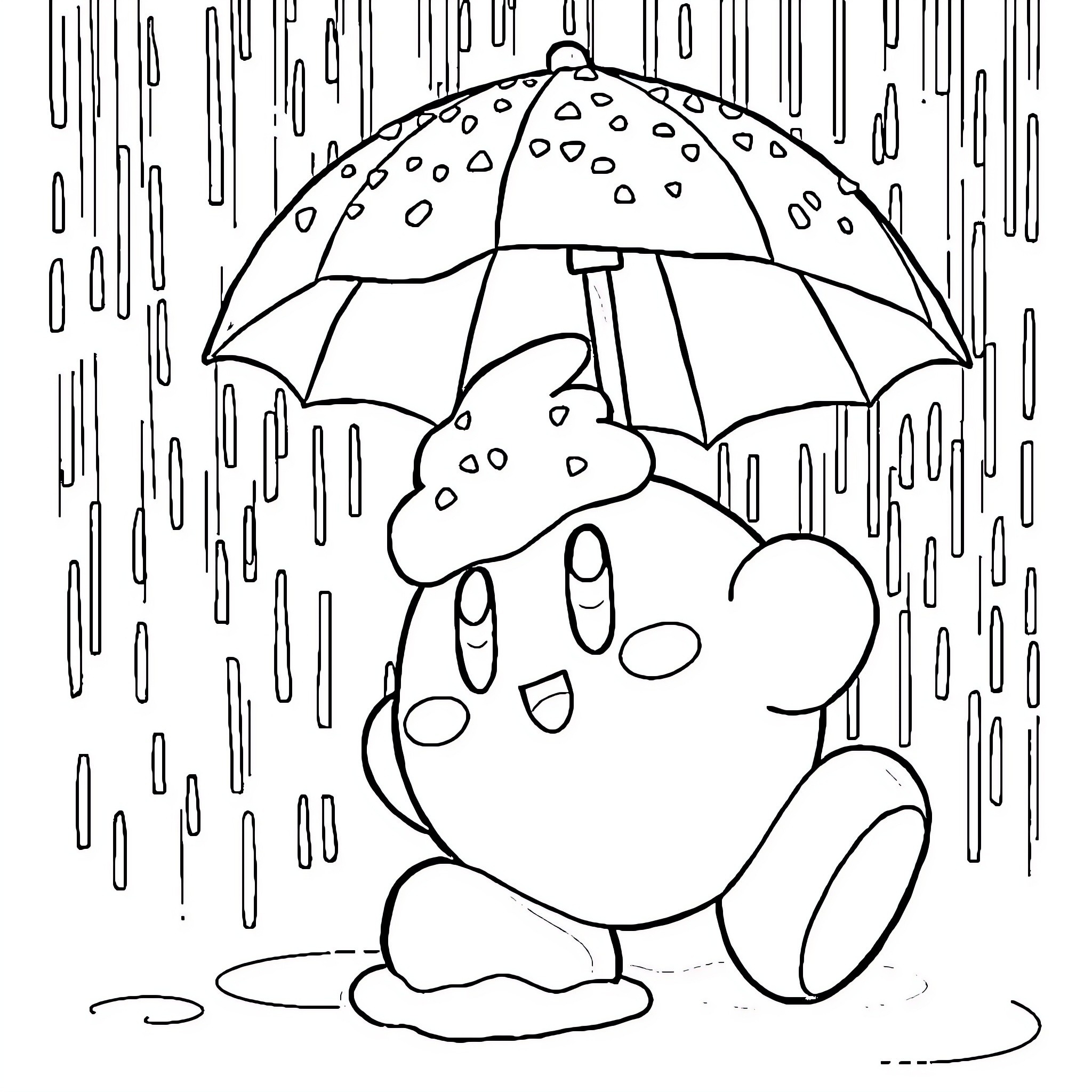 Kirby staying dry in the rain under an umbrella Coloring Page (free black-and-white line drawing printable PDF for all, from beginners to advanced learners, including children, teens, adults, and seniors)