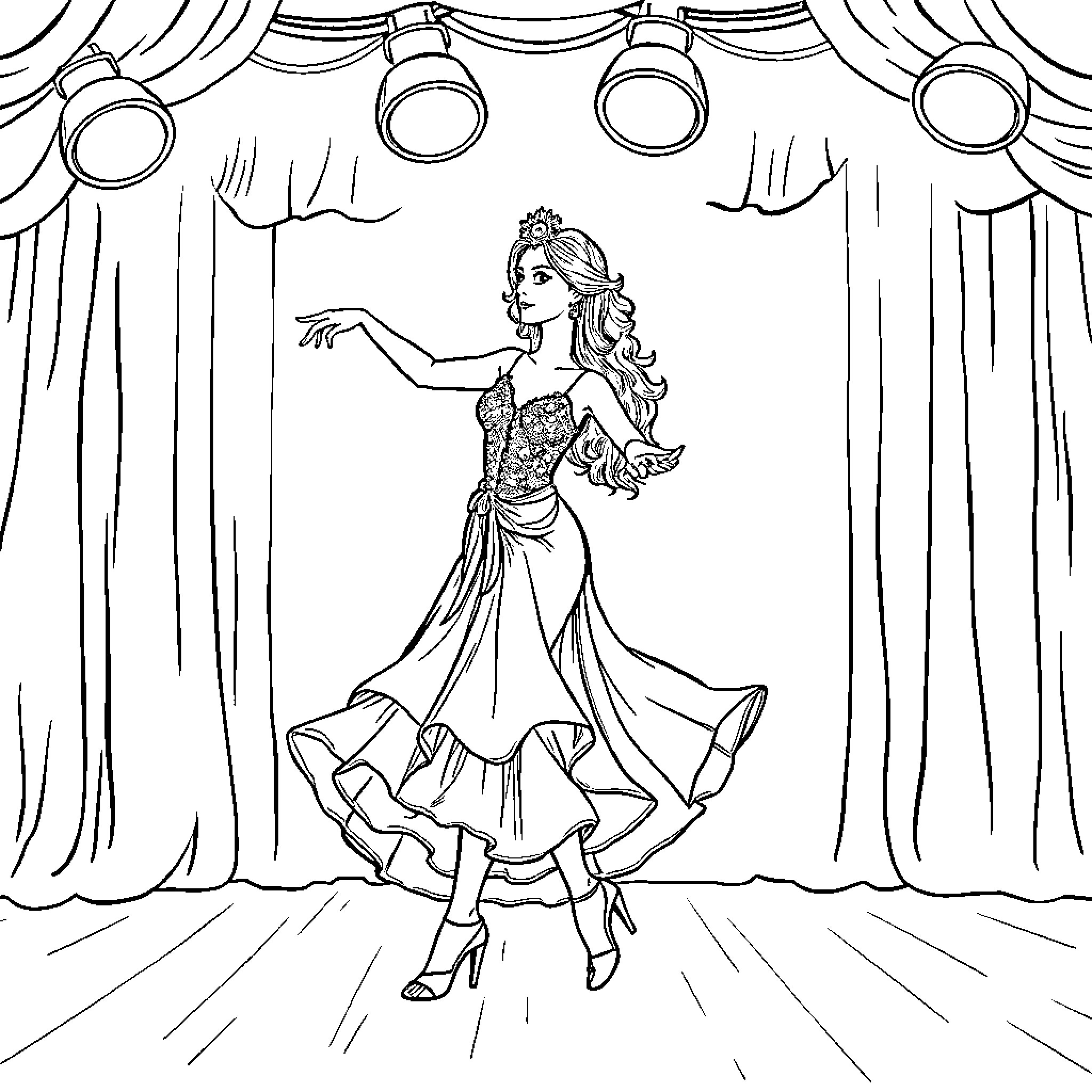Florencia's Graceful Dance on the Stage Coloring Page (free black-and-white line drawing printable PDF for all, from beginners to advanced learners, including children, teens, adults, and seniors)