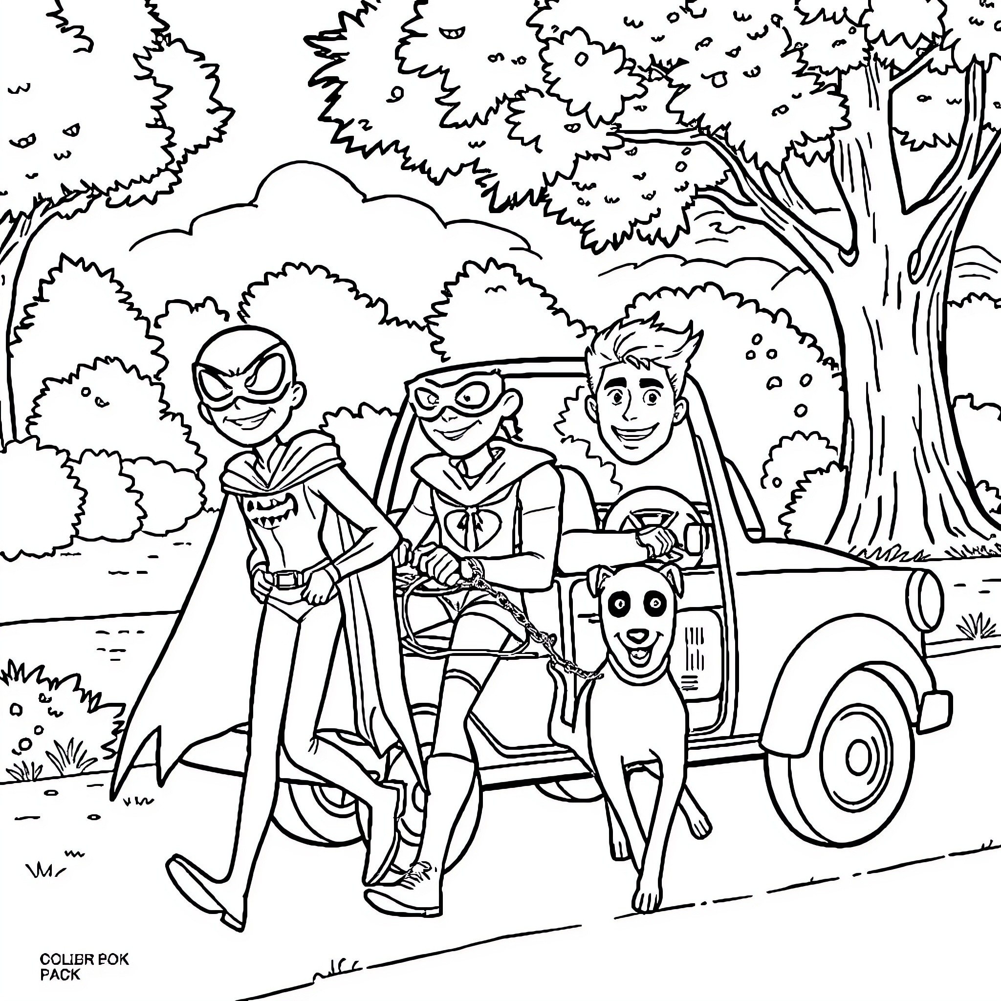 Raven Superheroes in Action-Packed Adventure Coloring Page (free black-and-white line drawing printable PDF for all, from beginners to advanced learners, including children, teens, adults, and seniors)