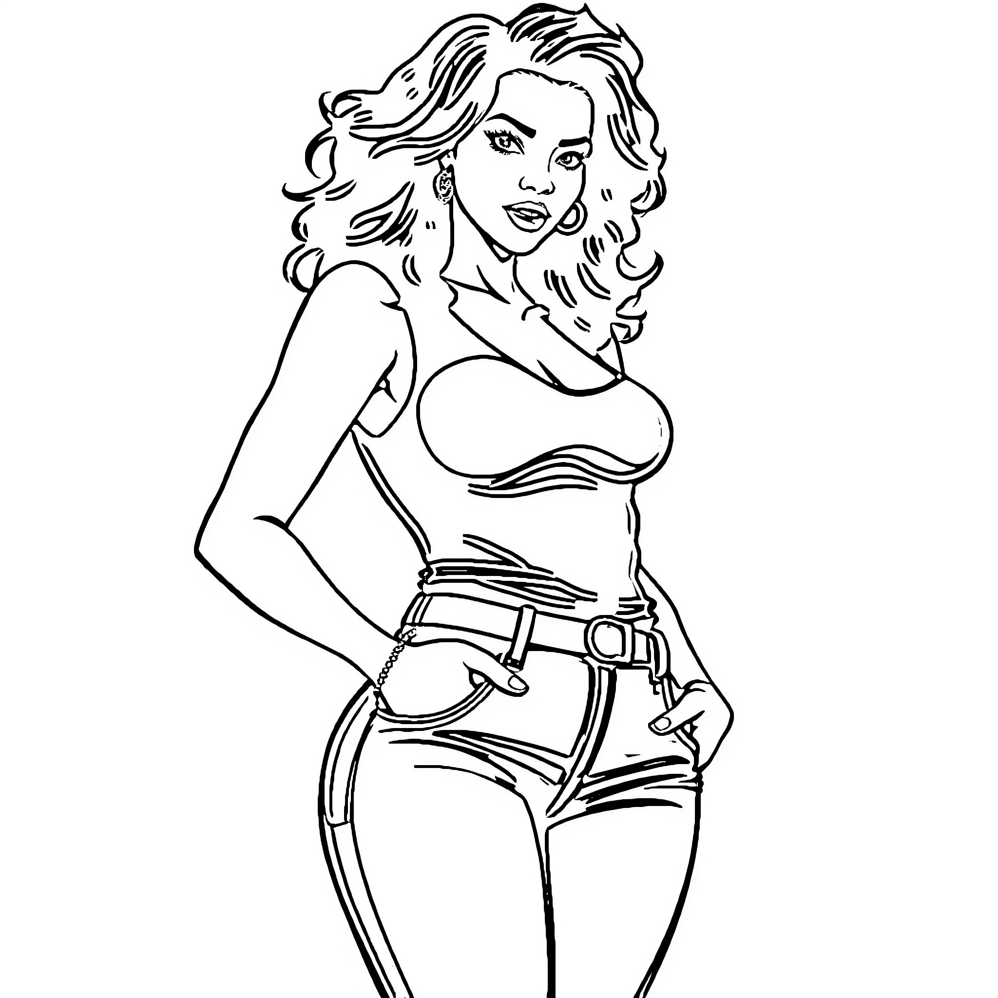Woman in stylish attire posing with confidence Coloring Page (free black-and-white line drawing printable PDF for all, from beginners to advanced learners, including children, teens, adults, and seniors)