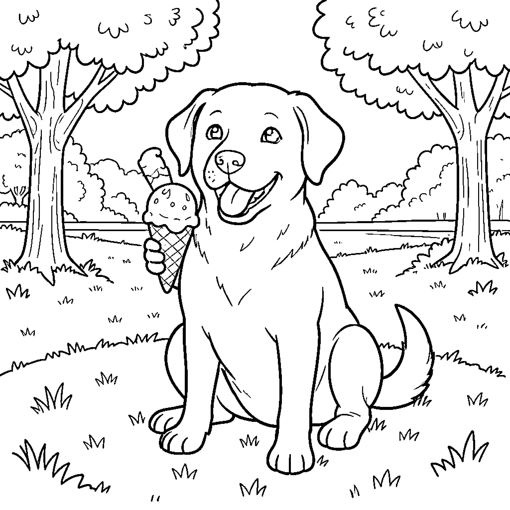 Labrador sitting in a park holding an ice cream cone Coloring Page (free black-and-white line drawing printable PDF for all, from beginners to advanced learners, including children, teens, adults, and seniors)