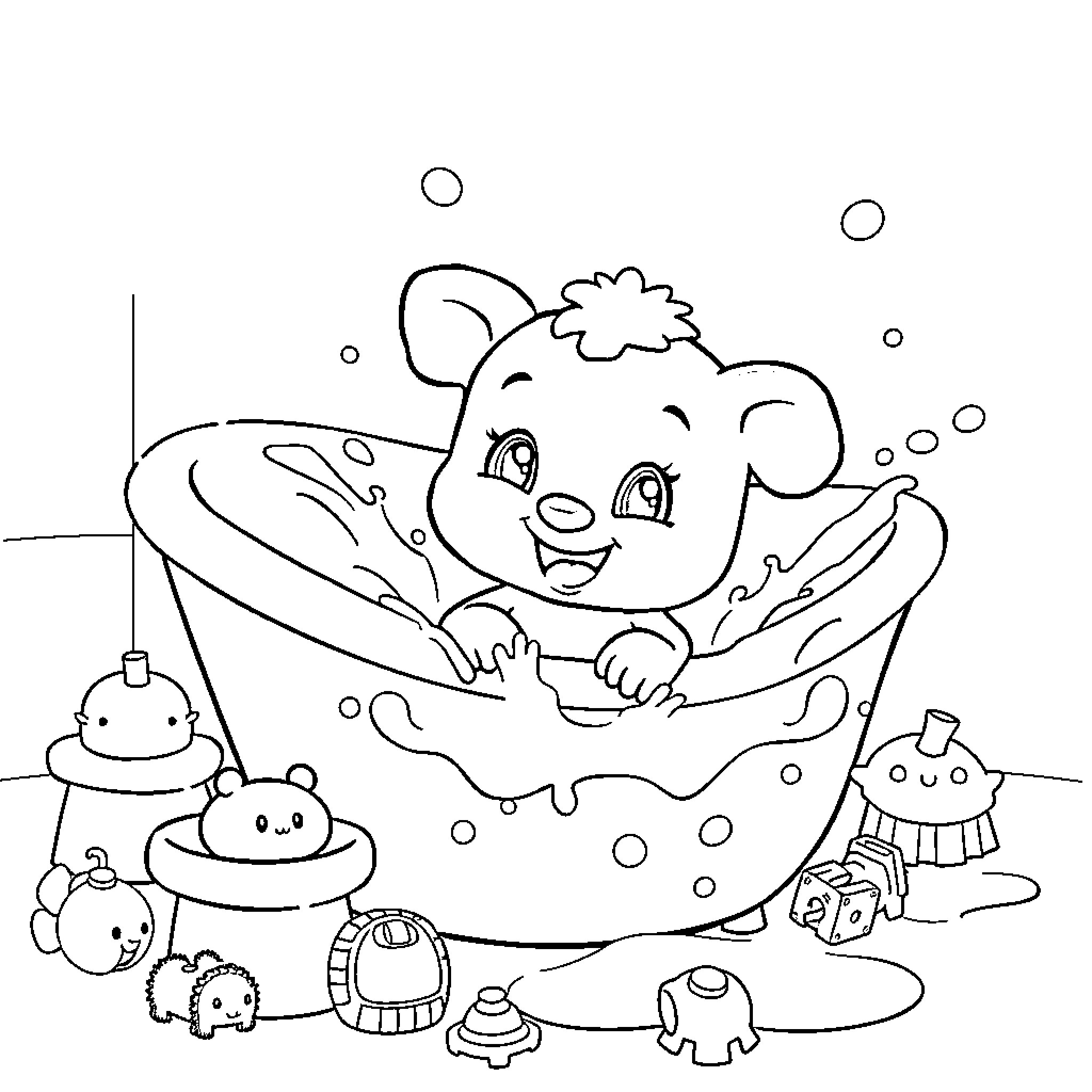 Bluey having a bubbly bath with friends Coloring Page (free black-and-white line drawing printable PDF for all, from beginners to advanced learners, including children, teens, adults, and seniors)