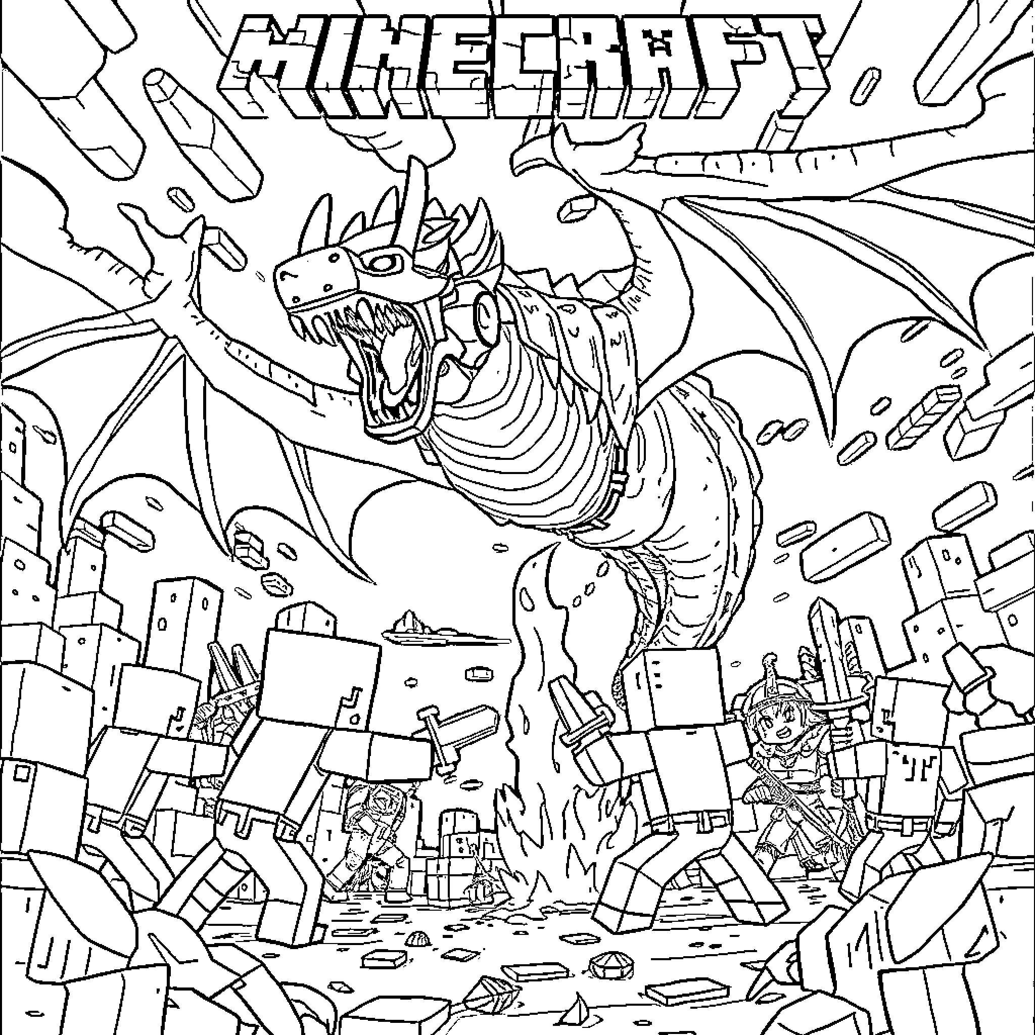 Ender Dragon attacking Minecraft world Coloring Page (free black-and-white line drawing printable PDF for all, from beginners to advanced learners, including children, teens, adults, and seniors)