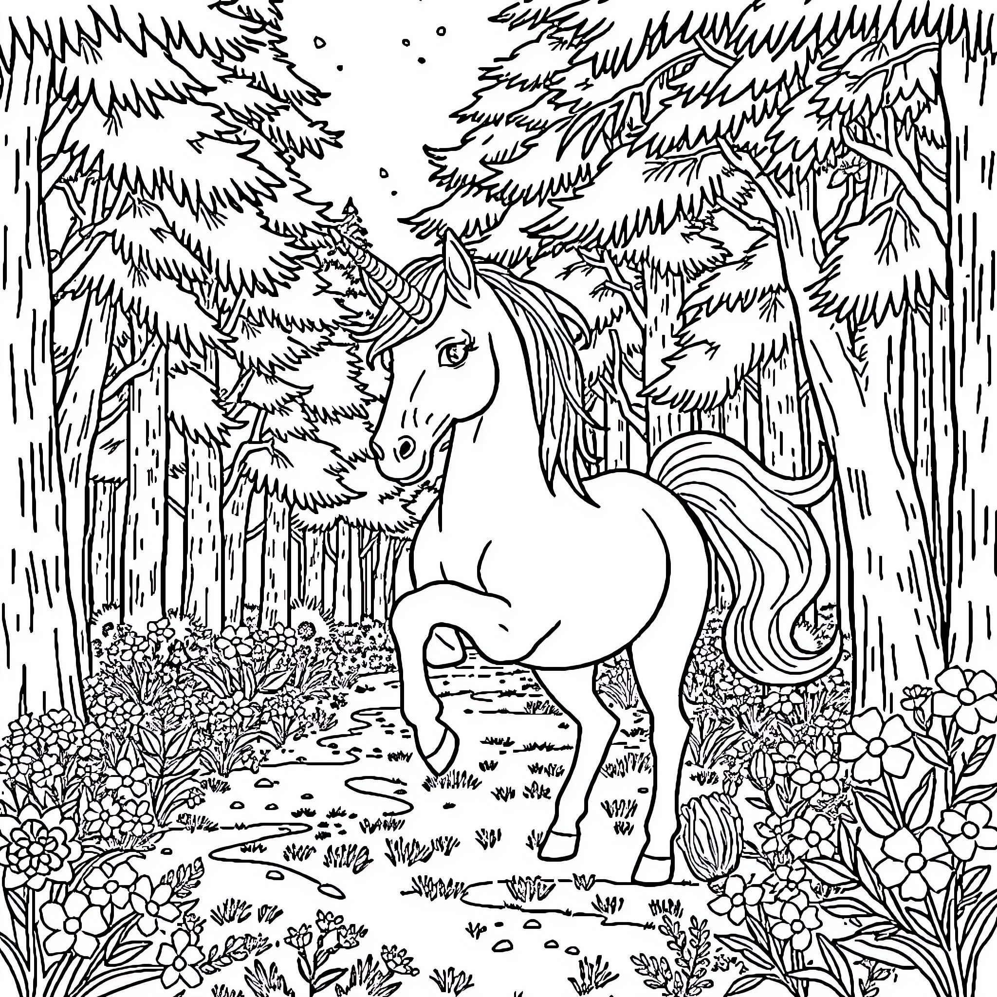 Unicorn galloping through enchanted forest Coloring Page (free black-and-white line drawing printable PDF for all, from beginners to advanced learners, including children, teens, adults, and seniors)