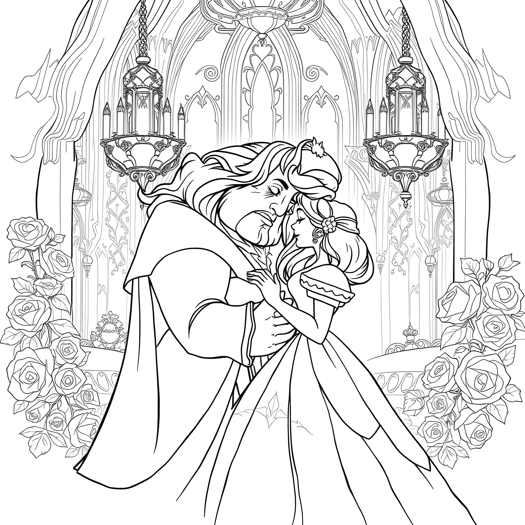 Beauty And The Beast's Romantic Embrace in an Enchanted Castle Coloring Page (free black-and-white line drawing printable PDF for all, from beginners to advanced learners, including children, teens, adults, and seniors)