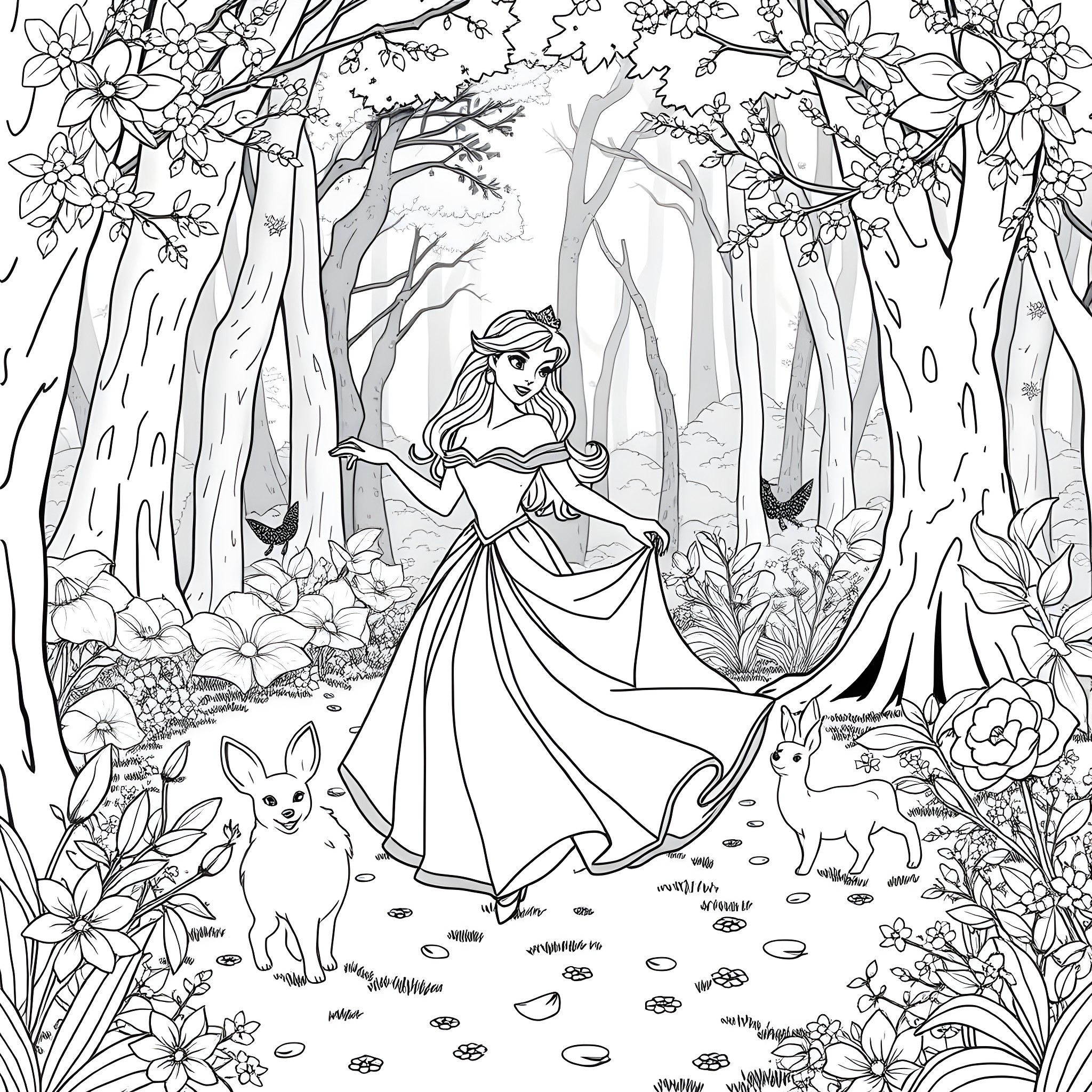 Aurora's Forest Adventure Coloring Page (free black-and-white line drawing printable PDF for all, from beginners to advanced learners, including children, teens, adults, and seniors)