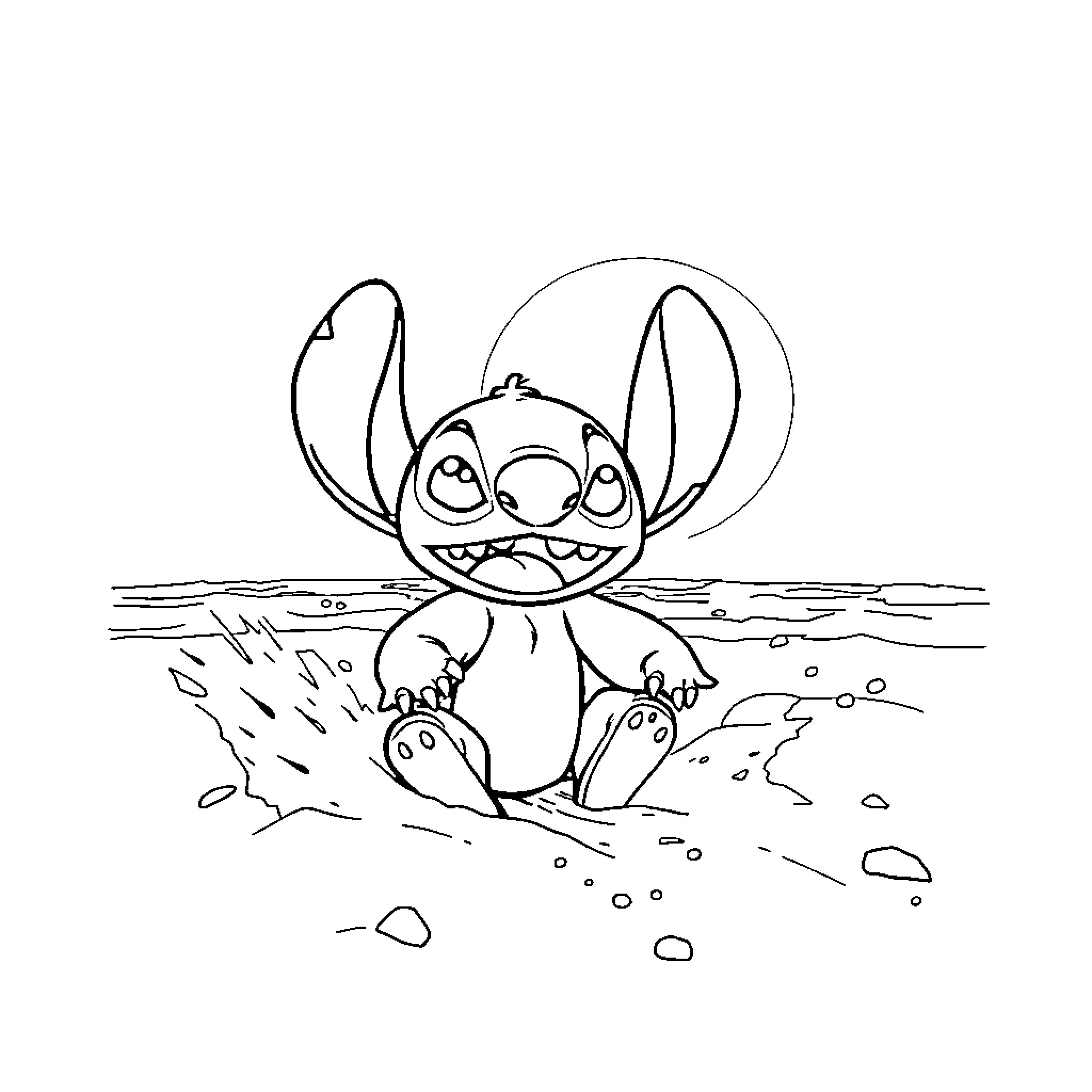 Stitch wading in the shallows Coloring Page (free black-and-white line drawing printable PDF for all, from beginners to advanced learners, including children, teens, adults, and seniors)