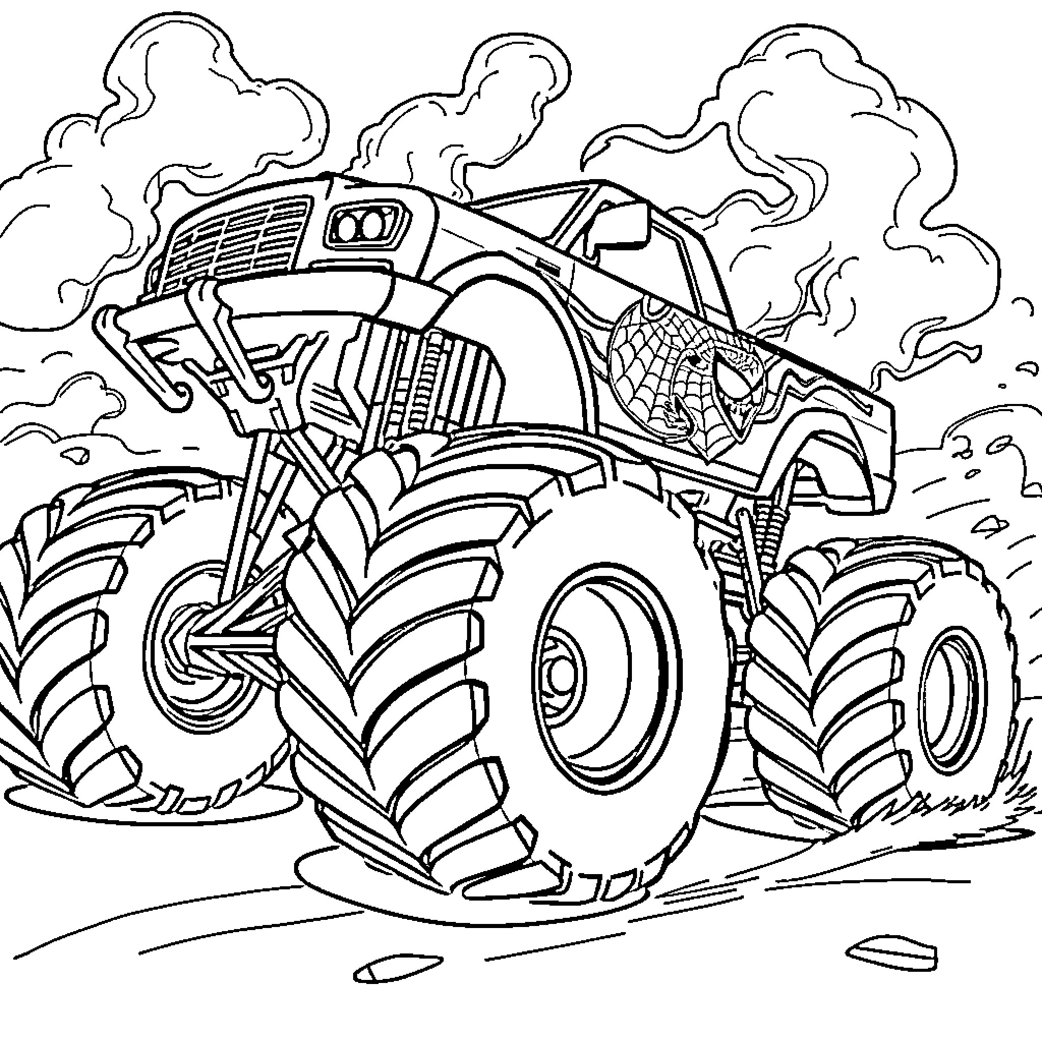 Monster Truck Crushing Through the Dirt Coloring Page (free black-and-white line drawing printable PDF for all, from beginners to advanced learners, including children, teens, adults, and seniors)