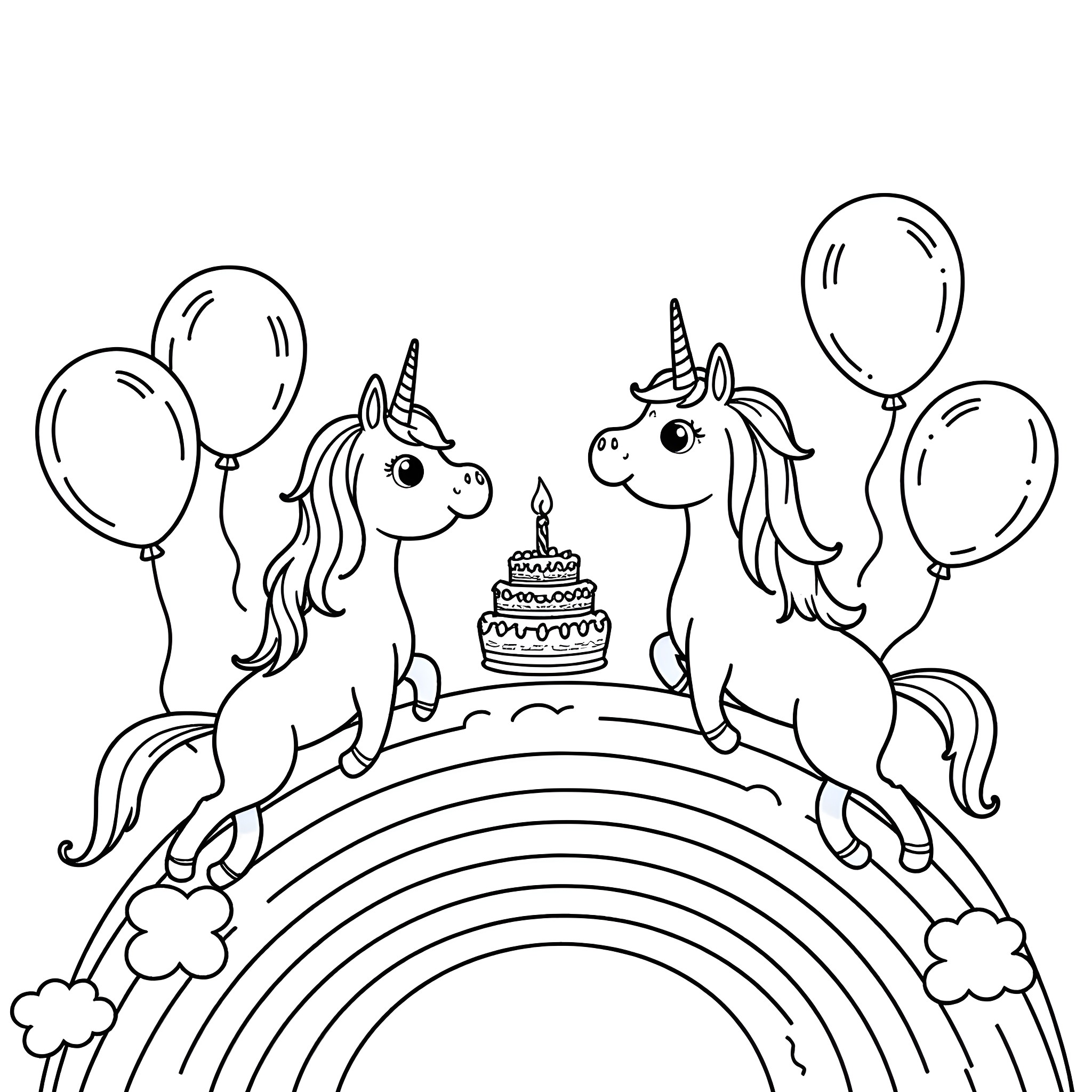 Unicorn celebrating birthday with balloons Coloring Page (free black-and-white line drawing printable PDF for all, from beginners to advanced learners, including children, teens, adults, and seniors)