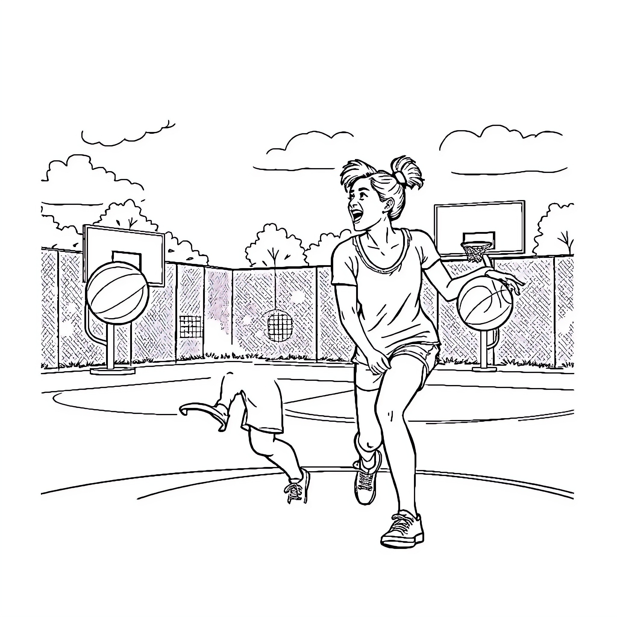 Couple playing basketball on outdoor court Coloring Page (free black-and-white line drawing printable PDF for all, from beginners to advanced learners, including children, teens, adults, and seniors)