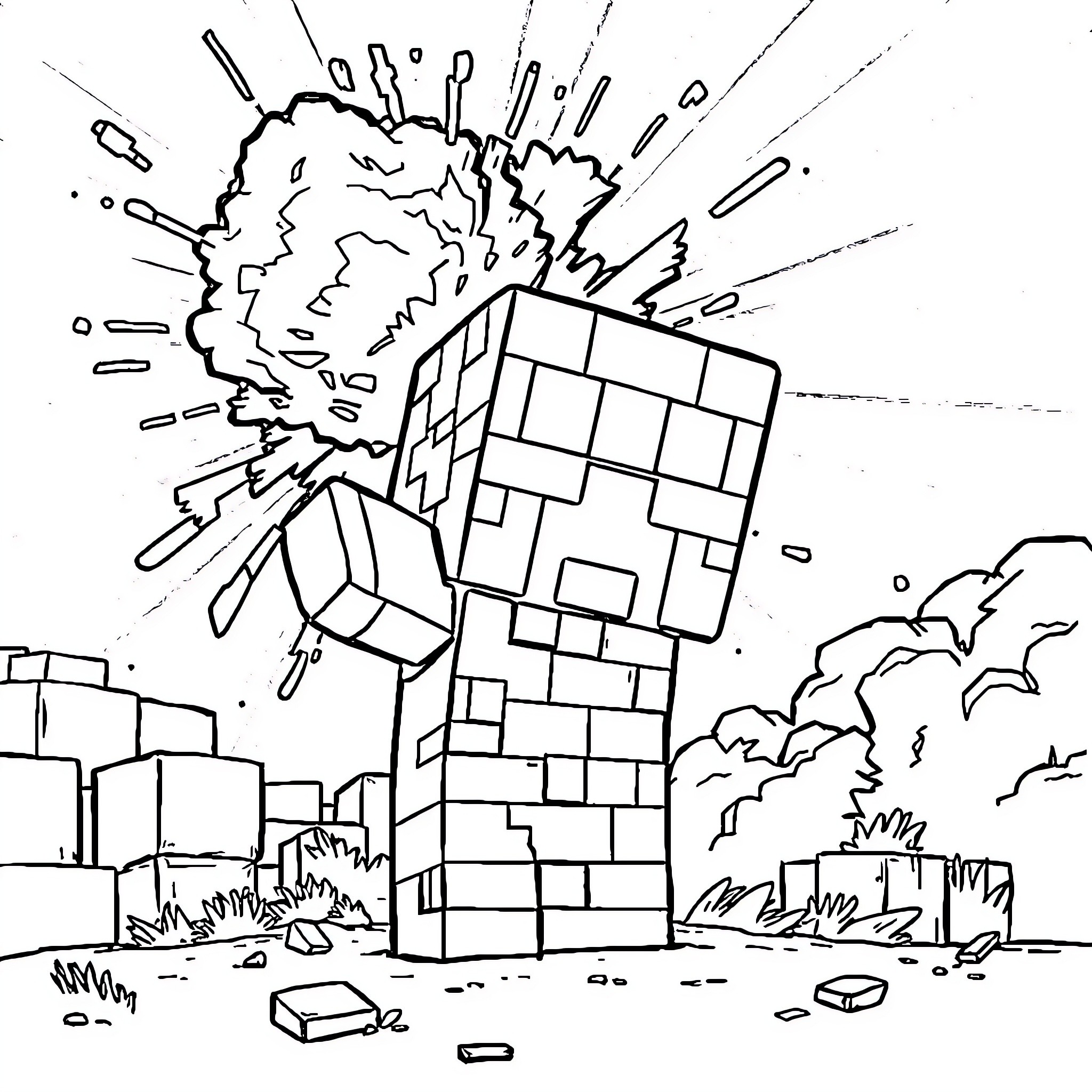 Creeper explodes in pixelated landscape Coloring Page (free black-and-white line drawing printable PDF for all, from beginners to advanced learners, including children, teens, adults, and seniors)