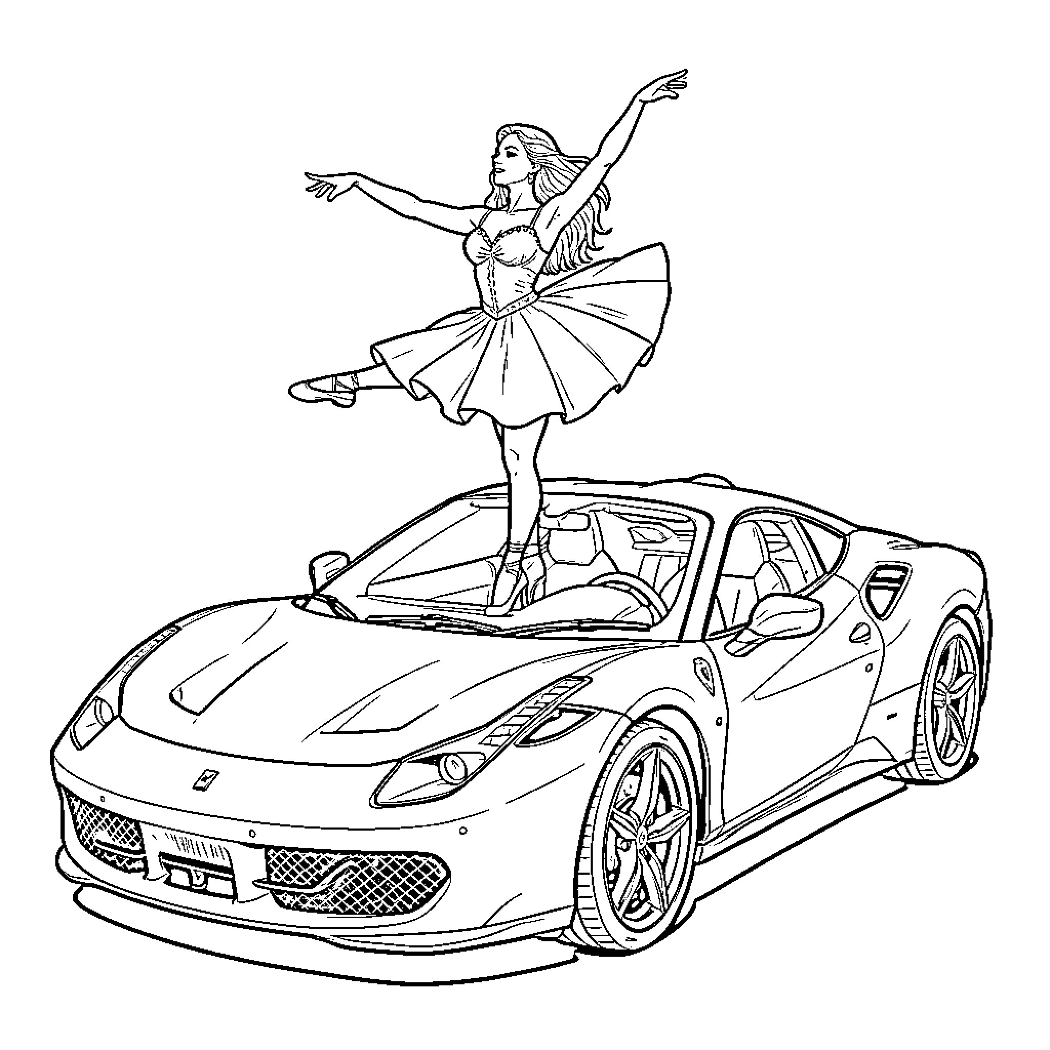 Dancer performing gracefully atop a sleek sports car Coloring Page (free black-and-white line drawing printable PDF for all, from beginners to advanced learners, including children, teens, adults, and seniors)