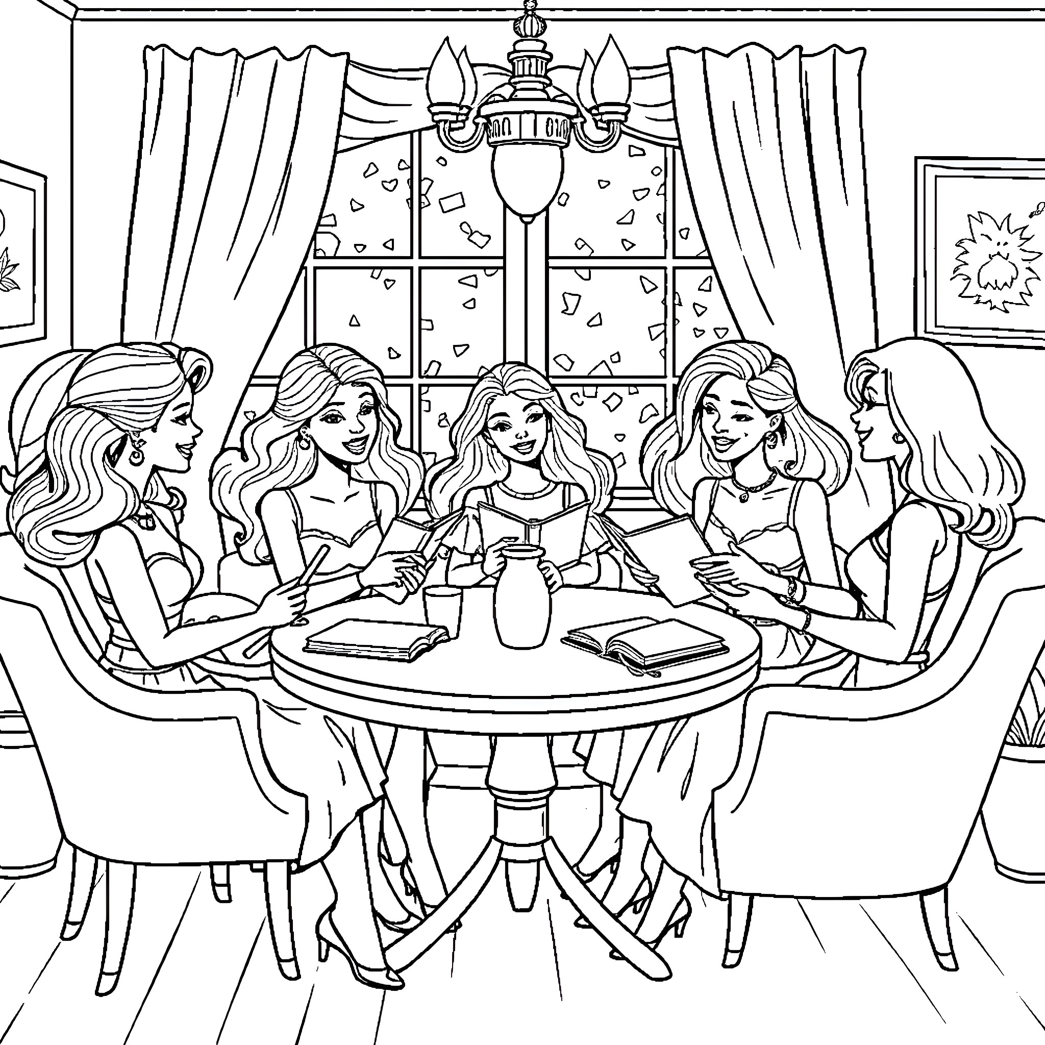 Barbie and Friends Enjoying a Cozy Gathering Coloring Page (free black-and-white line drawing printable PDF for all, from beginners to advanced learners, including children, teens, adults, and seniors)