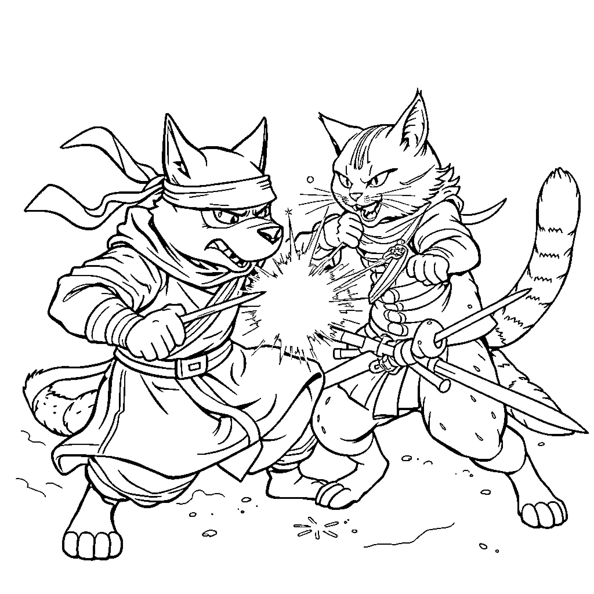 Dog and cat warriors clashing in battle Coloring Page (free black-and-white line drawing printable PDF for all, from beginners to advanced learners, including children, teens, adults, and seniors)