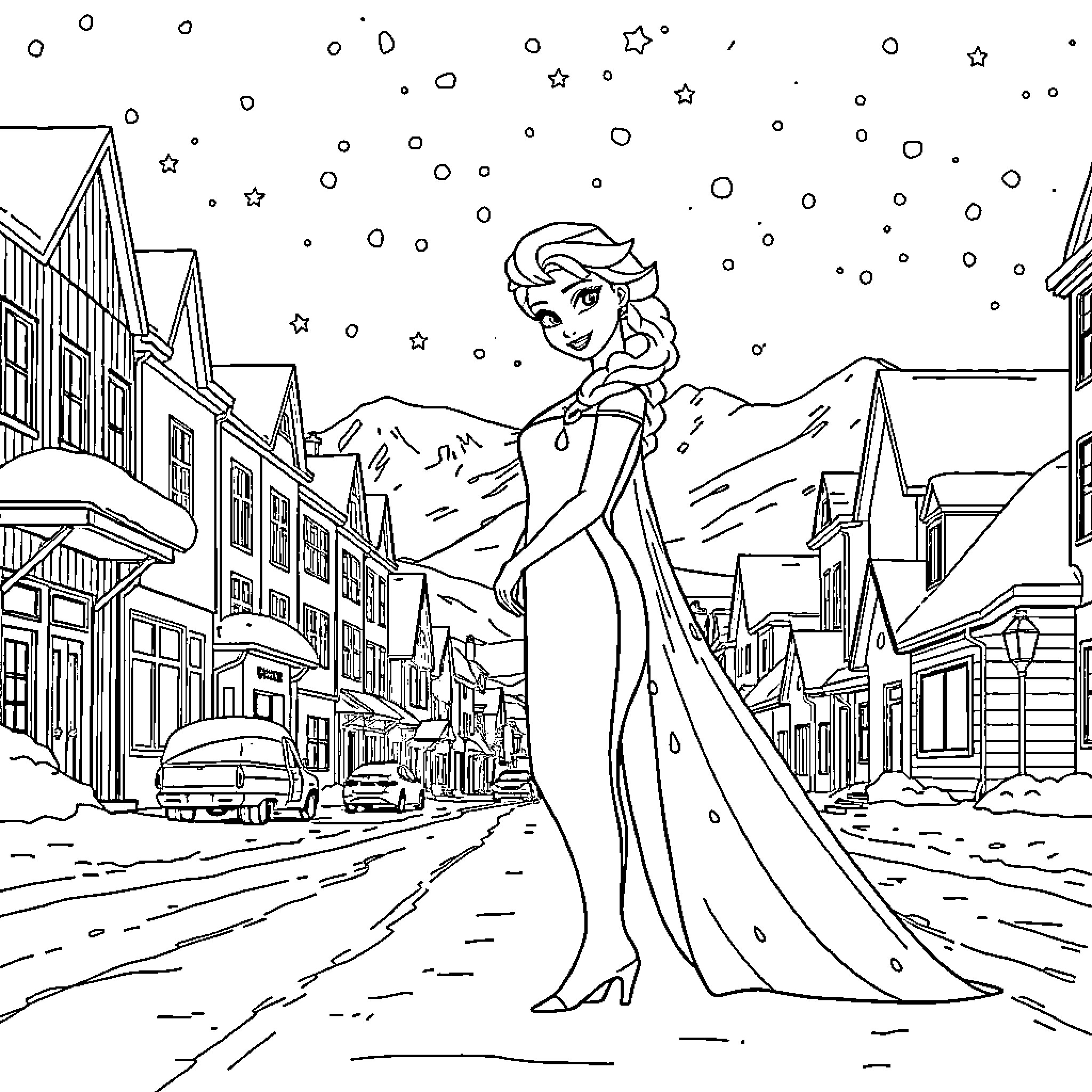 Elsa's Enchanting Winter Stroll Coloring Page (free black-and-white line drawing printable PDF for all, from beginners to advanced learners, including children, teens, adults, and seniors)
