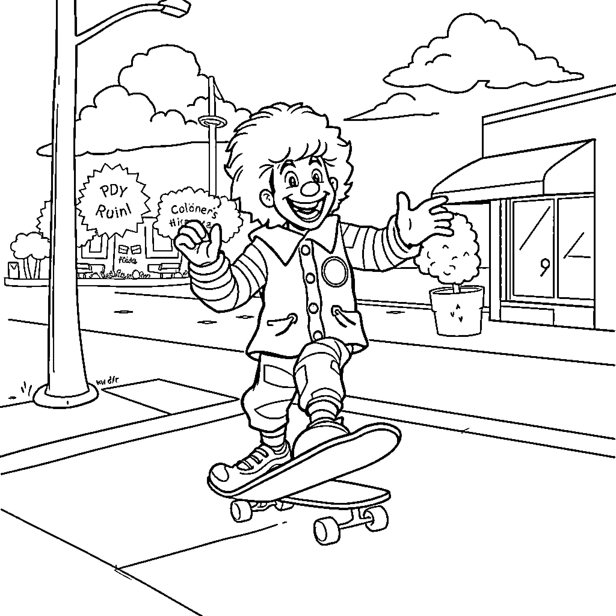 Ronald McDonald enjoying a skateboard ride in the city Coloring Page (free black-and-white line drawing printable PDF for all, from beginners to advanced learners, including children, teens, adults, and seniors)